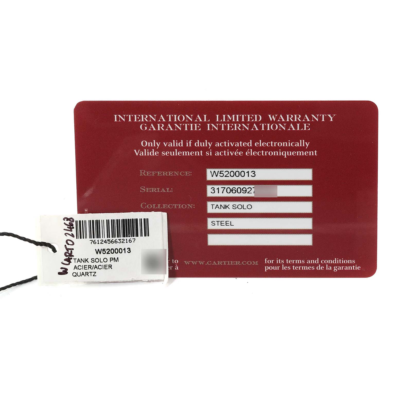 The image shows the warranty card and tag for a Cartier Tank Solo W5200013 Women's Stainless Steel Silver Dial W5200013 Women's Stainless Steel Silver Dial watch.
