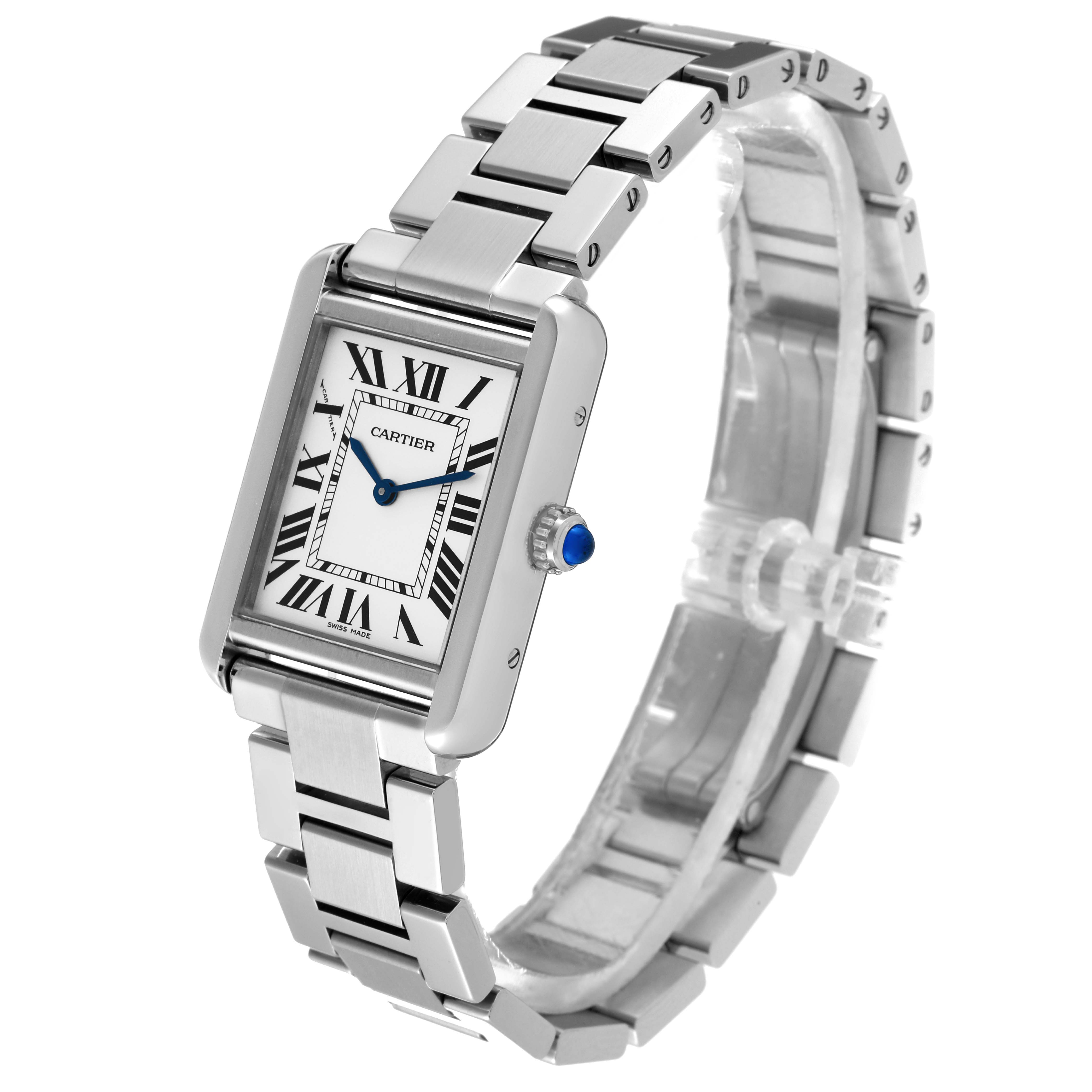 The Cartier Tank Solo W5200013 Women's Stainless Steel Silver Dial W5200013 Women's Stainless Steel Silver Dial watch is shown at a slight side angle, displaying the face, bracelet, and crown.