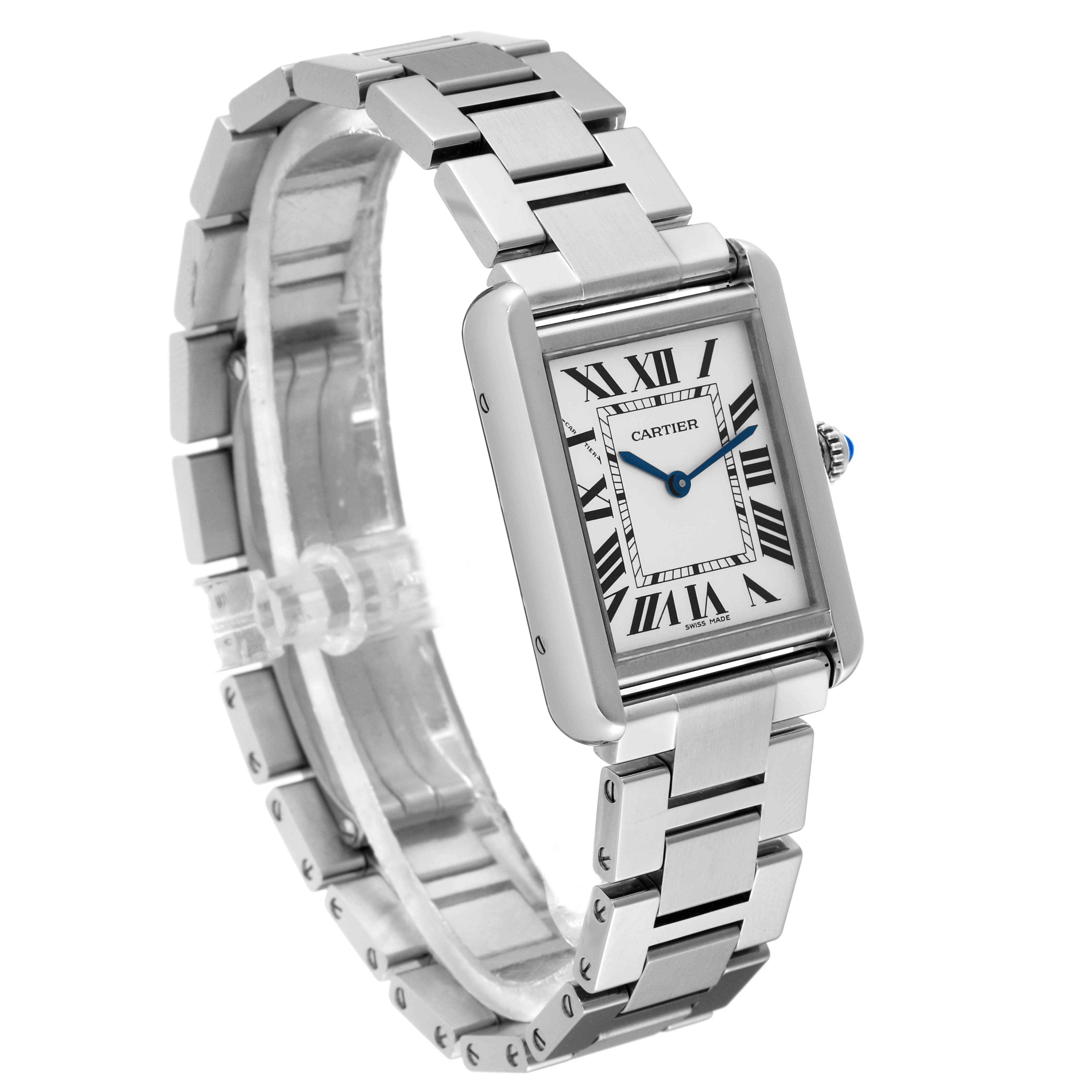 The image shows a Cartier Tank Solo W5200013 Women's Stainless Steel Silver Dial W5200013 Women's Stainless Steel Silver Dial watch from a front side angle, highlighting its rectangular face and metallic bracelet.