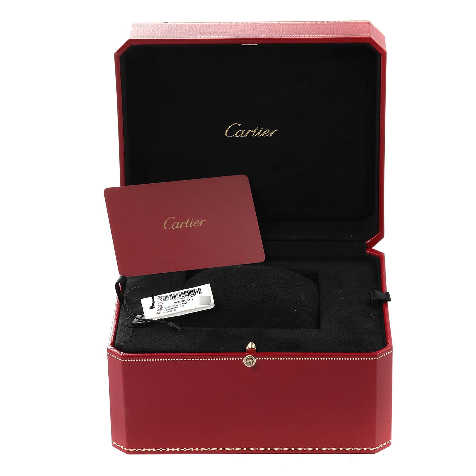 This image shows a Cartier Tank Solo W5200013 Women's Stainless Steel Silver Dial W5200013 Women's Stainless Steel Silver Dial watch's red presentation box, an authentication card, and the watch tag, viewed from the front.