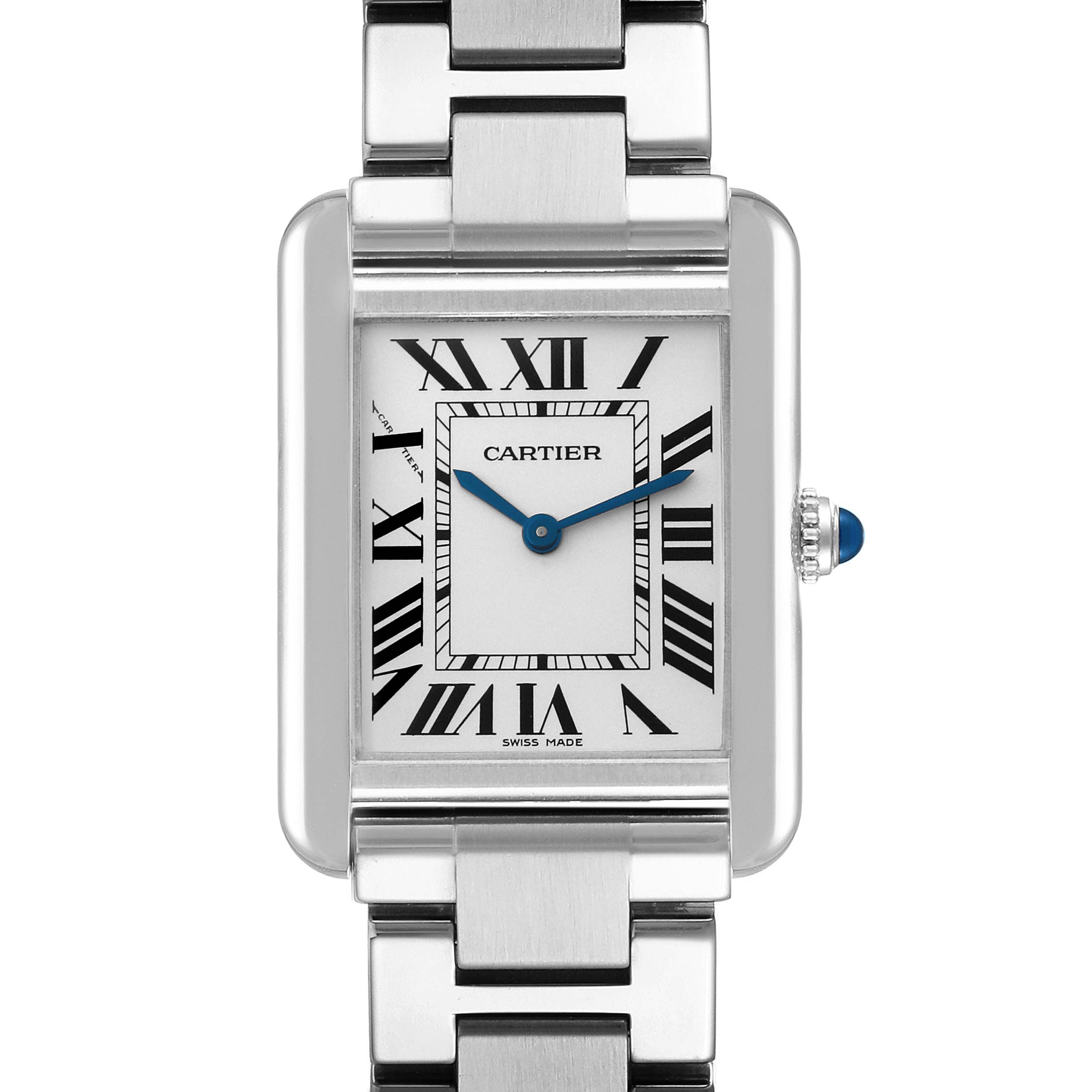 This is a frontal view of the Cartier Tank Solo W5200013 Women's Stainless Steel Silver Dial W5200013 Women's Stainless Steel Silver Dial watch, showcasing the face, bracelet, and crown.