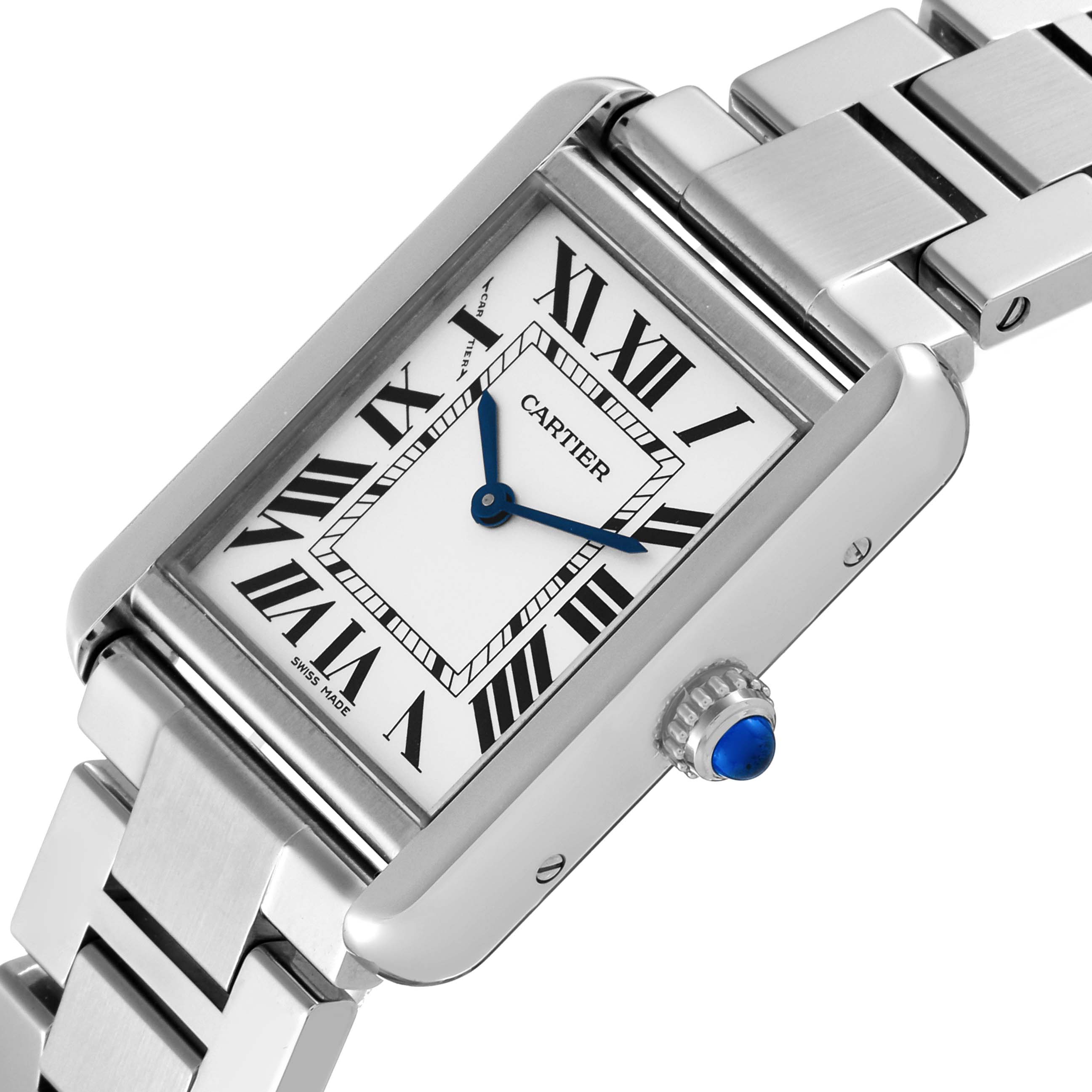 This image of the Cartier Tank Solo W5200013 Women's Stainless Steel Silver Dial W5200013 Women's Stainless Steel Silver Dial watch is taken from an angled top-down view showing the face, crown, and part of the bracelet.