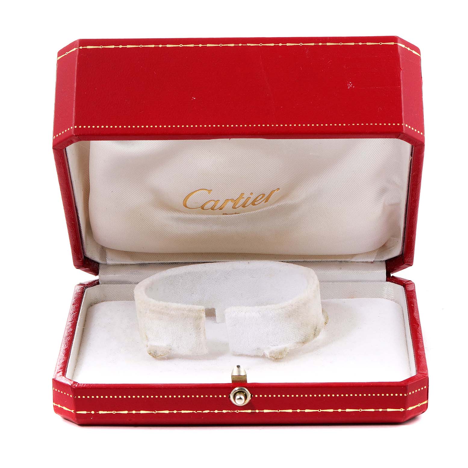 The image shows an open Cartier Trinity WG200846 Women's White Gold Mother of Pearl Dial watch box, displaying the interior but not the watch itself.