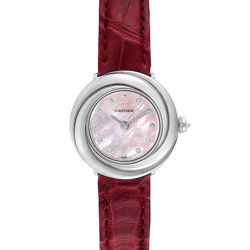 The Cartier Trinity WG200846 Women's White Gold Mother of Pearl Dial watch is shown from the front, highlighting its round face, diamond markers, and red leather strap.