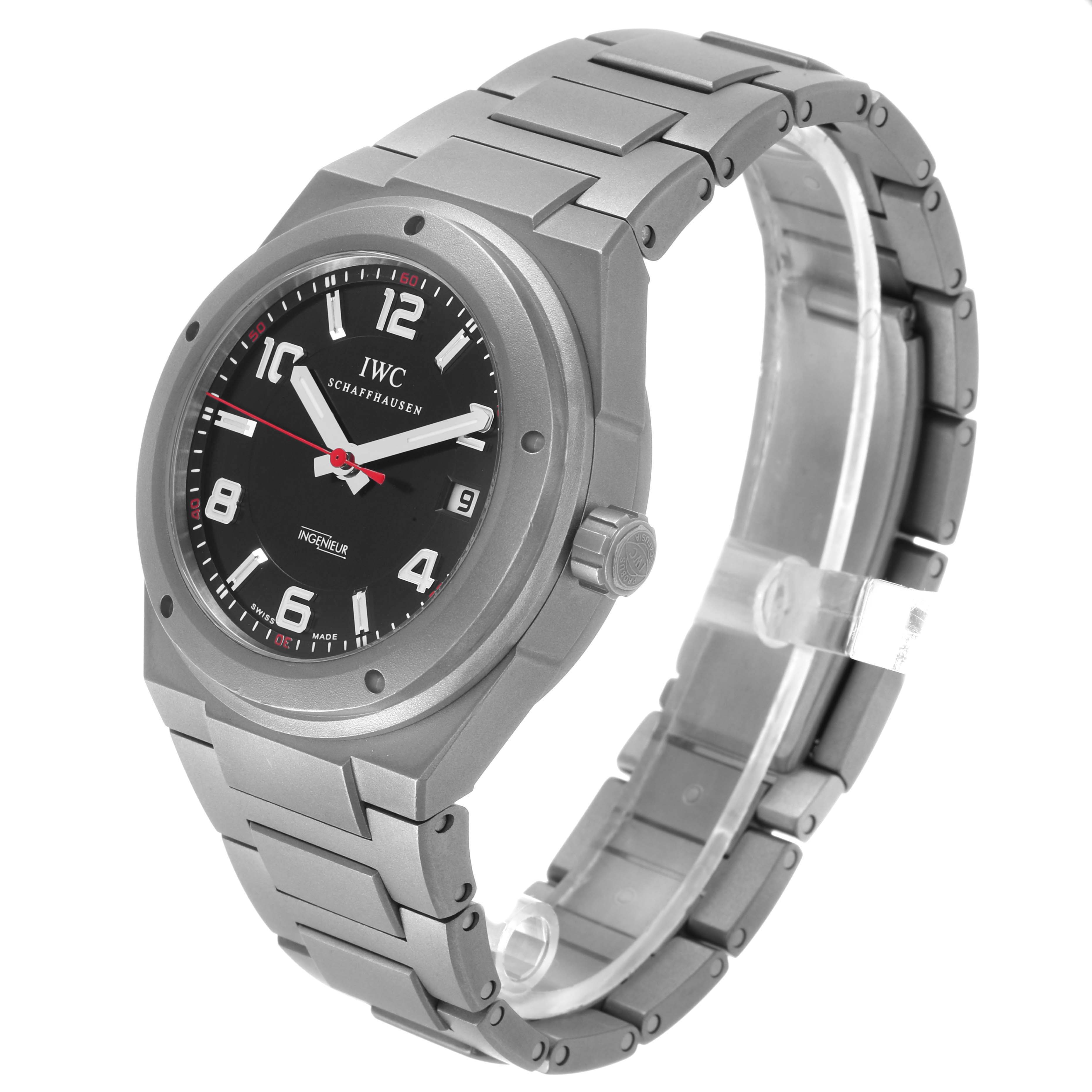 The IWC Ingenieur IW322702 Men's Titanium Black Dial watch is shown at a three-quarter angle, displaying the face, case, crown, and part of the bracelet.