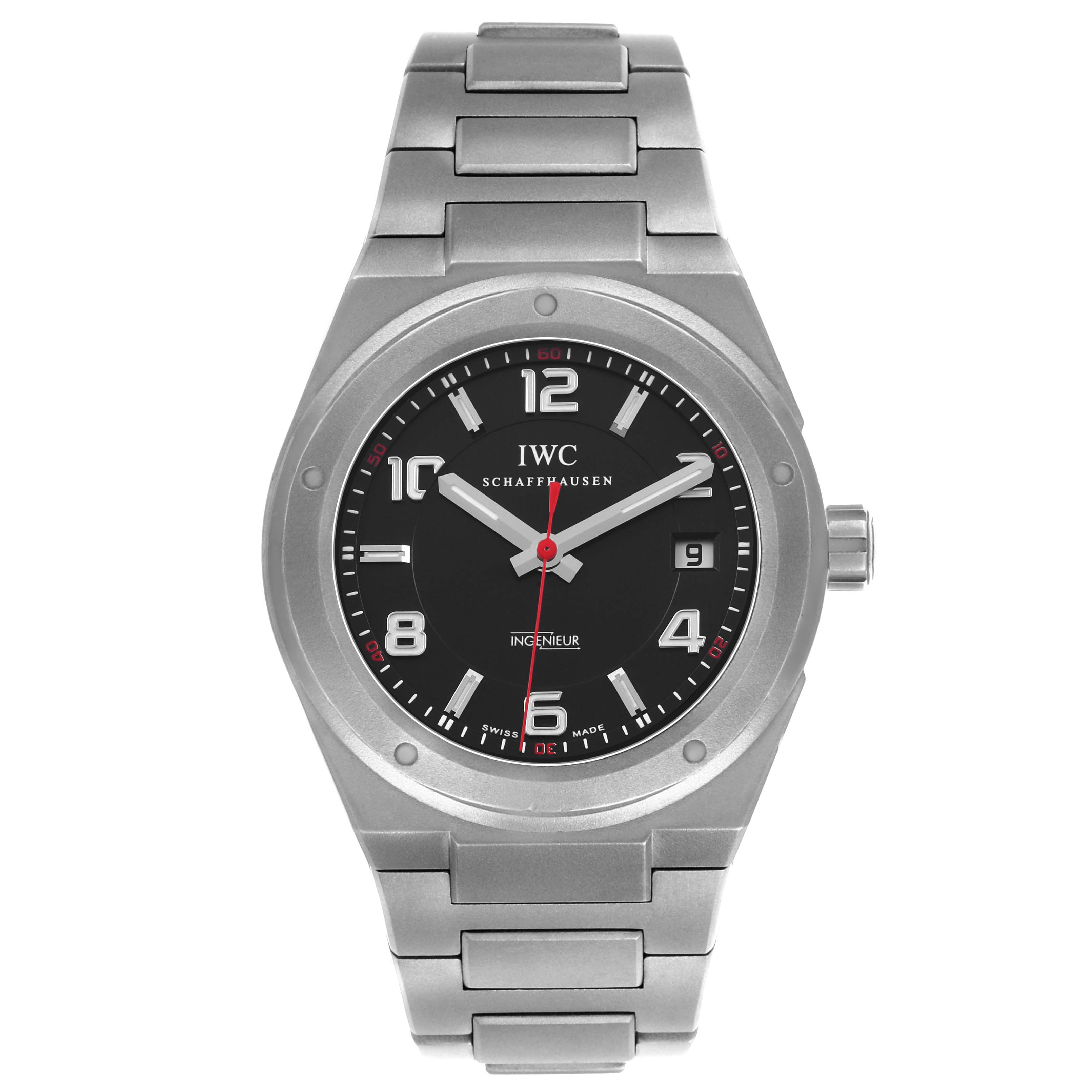 The IWC Ingenieur IW322702 Men's Titanium Black Dial watch is shown from the front, displaying the face, bezel, and a portion of the bracelet.
