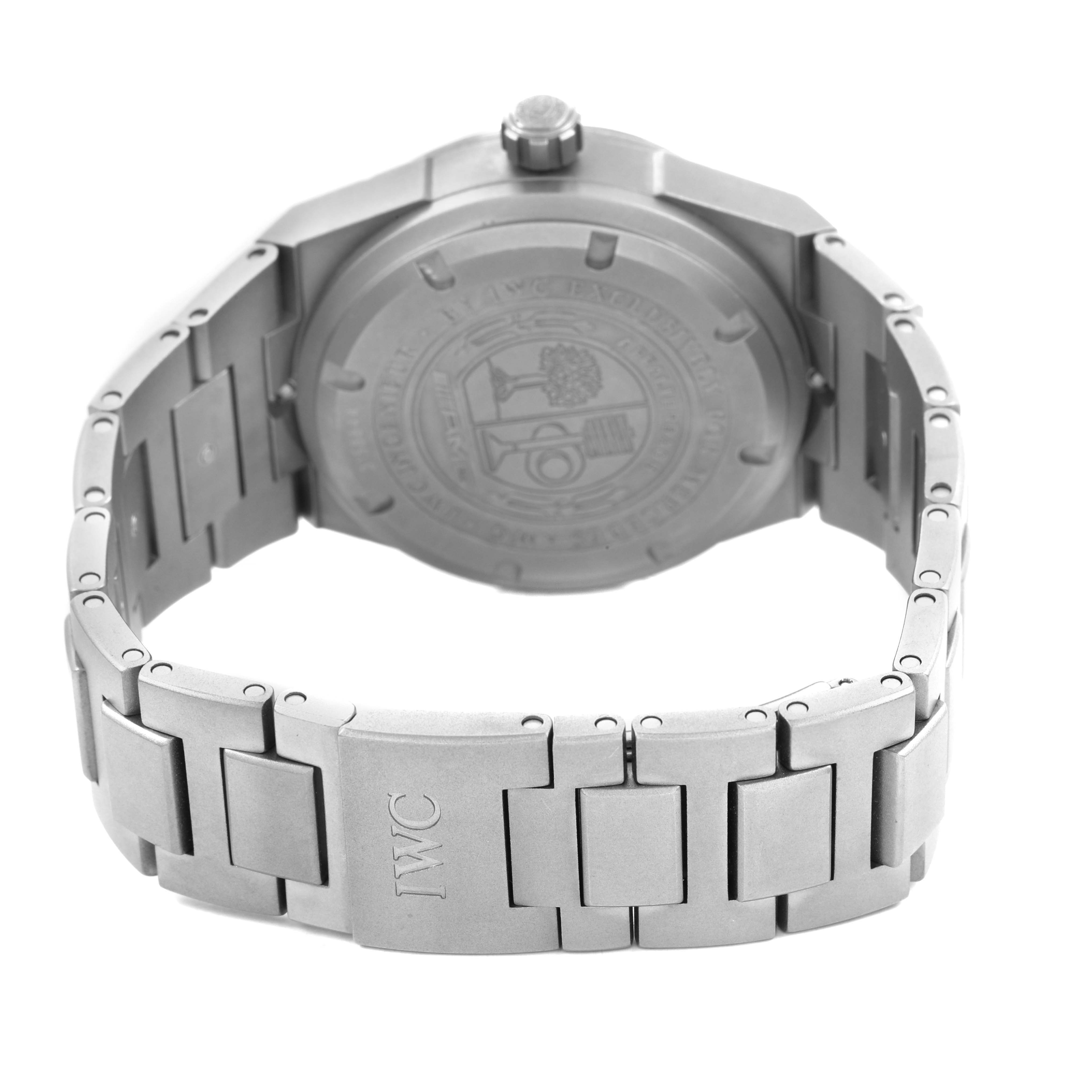 The image shows the back case and bracelet of an IWC Ingenieur IW322702 Men's Titanium Black Dial watch from a rear angle.