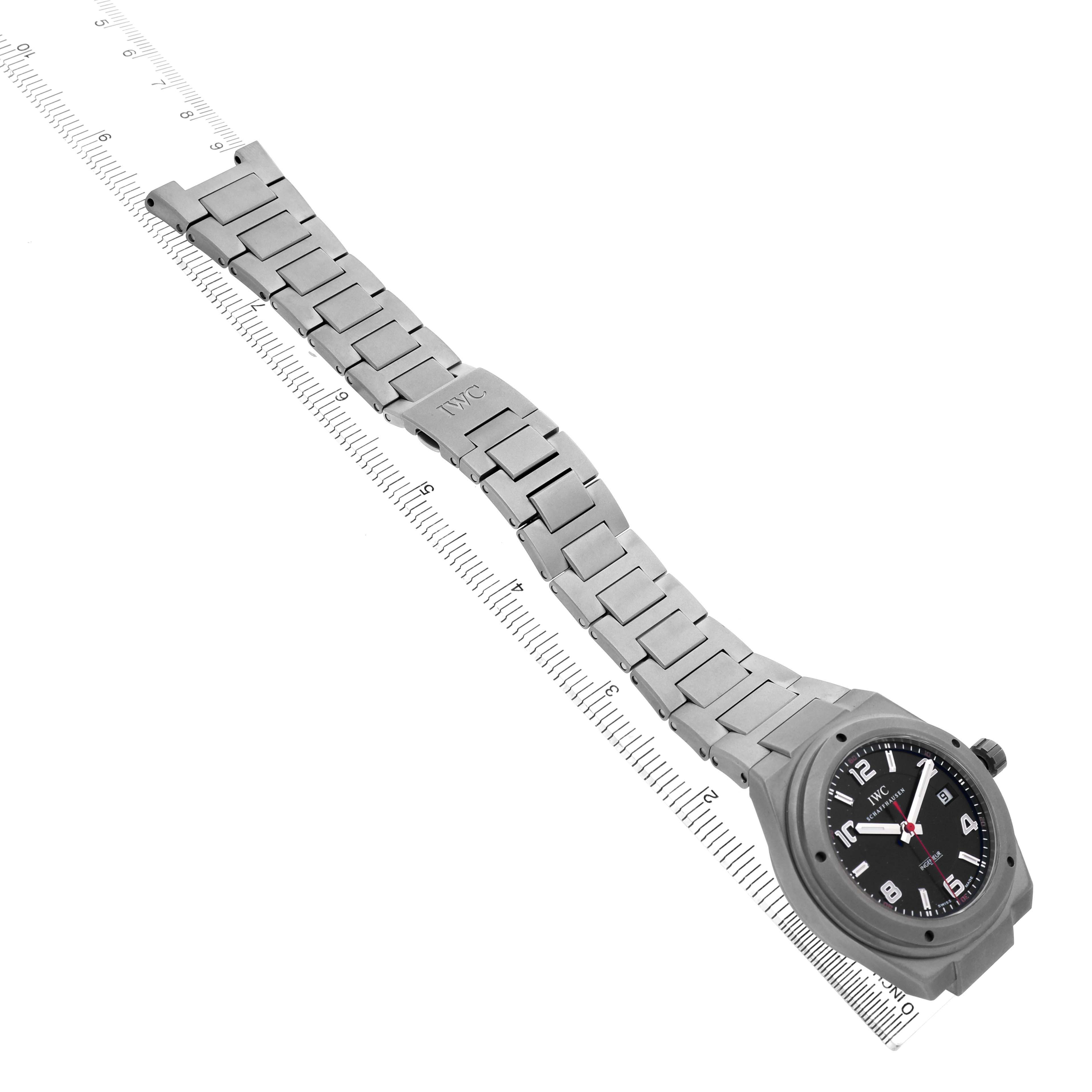 The IWC Ingenieur IW322702 Men's Titanium Black Dial watch is shown from an angled top view, featuring its bracelet, clasp, and full watch face.