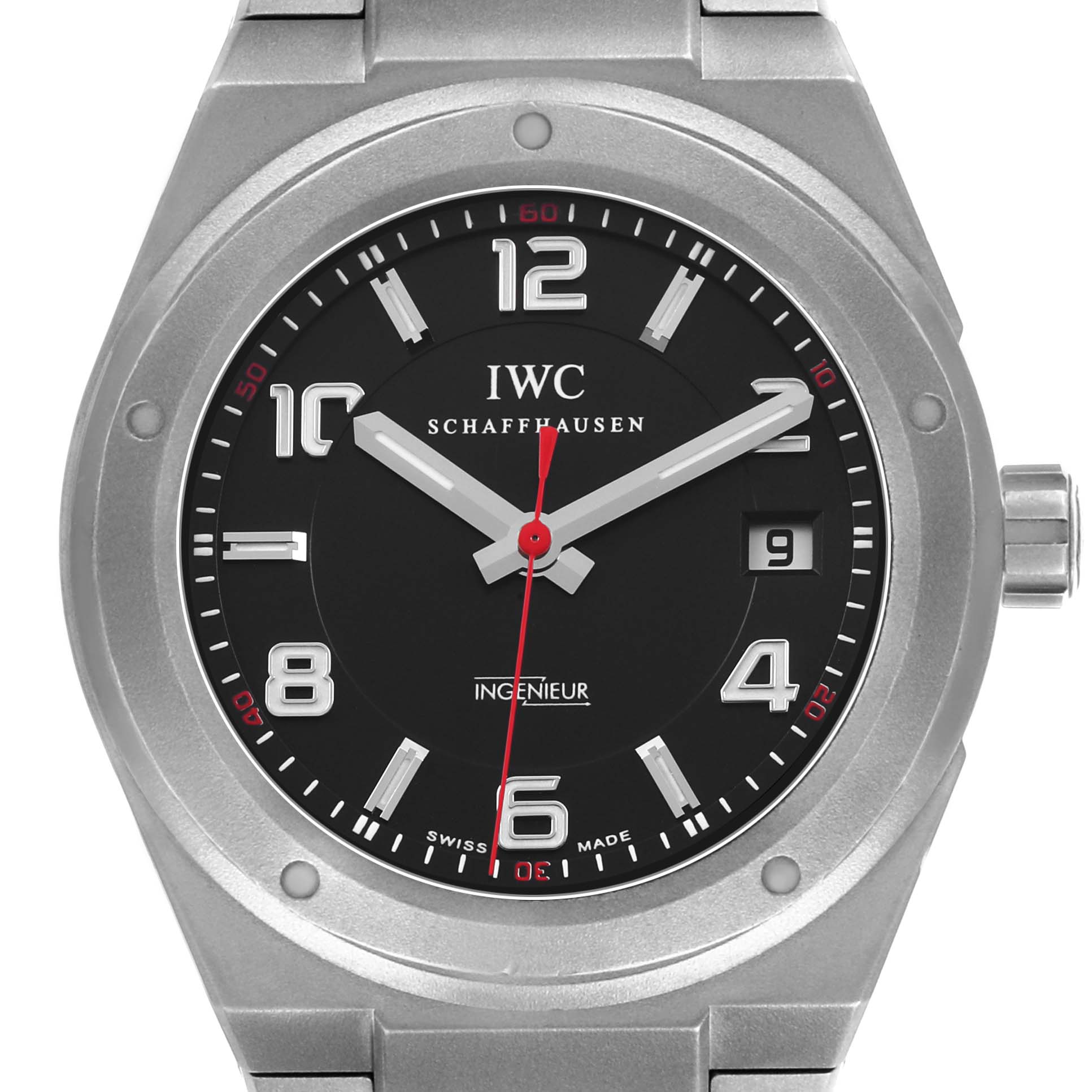 The IWC Ingenieur IW322702 Men's Titanium Black Dial watch is shown from a frontal angle, featuring the dial, hands, and bezel clearly.