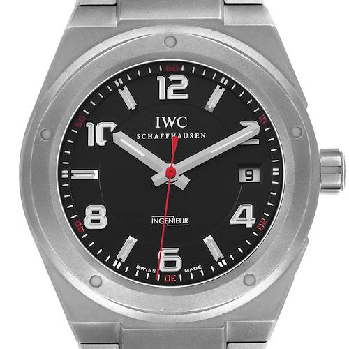 The image shows a front view of the IWC Ingenieur IW322702 Men's Titanium Black Dial watch, highlighting the dial, hands, and bezel.