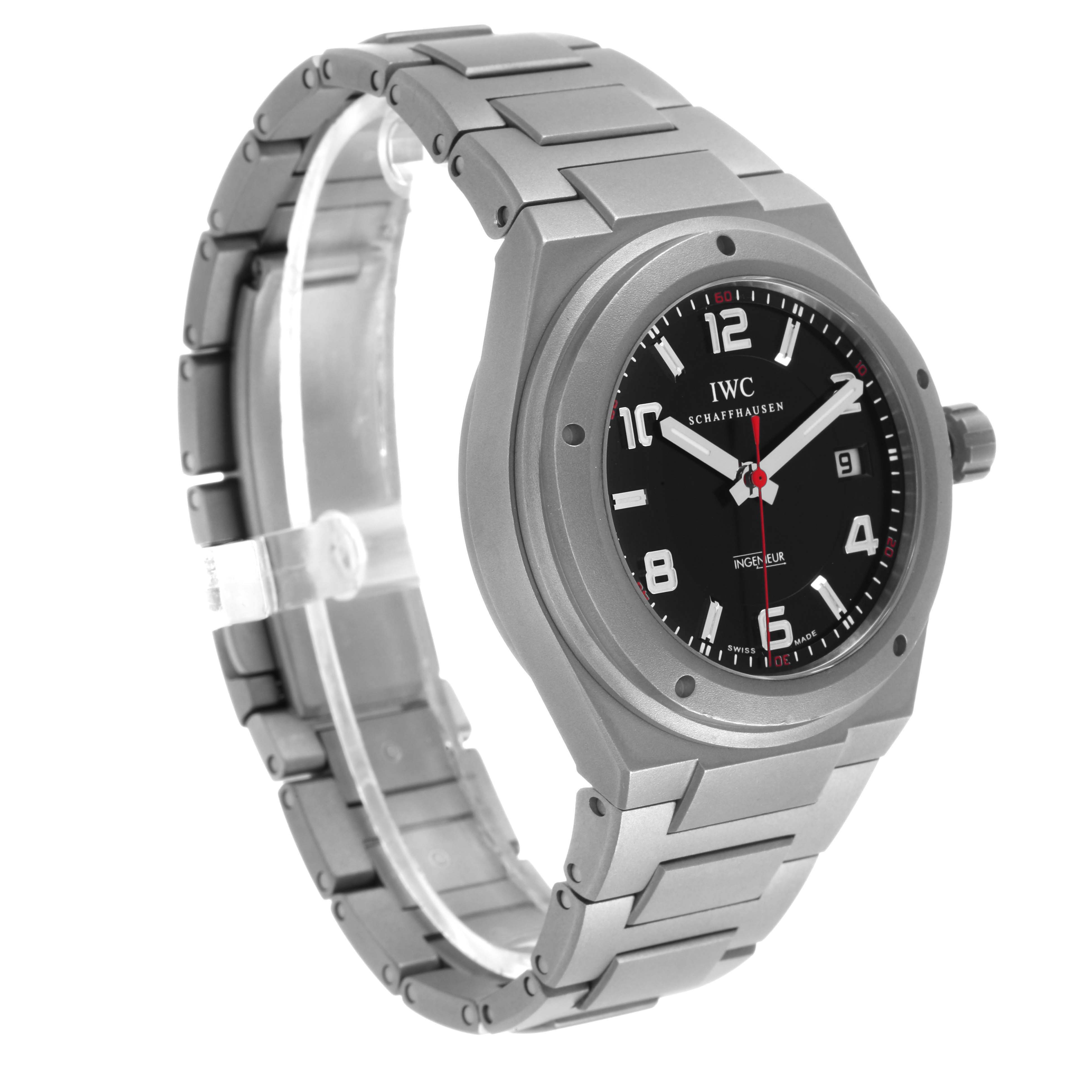 The IWC Ingenieur IW322702 Men's Titanium Black Dial watch is shown at an angle highlighting the case, bracelet, and dial.
