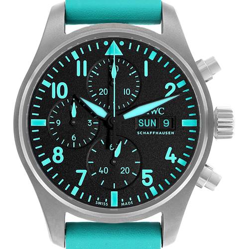 The IWC Pilot IW388108 Men's Titanium Black Dial model watch is shown from the front, featuring the dial, hands, subdials, case, crown, and part of the strap.