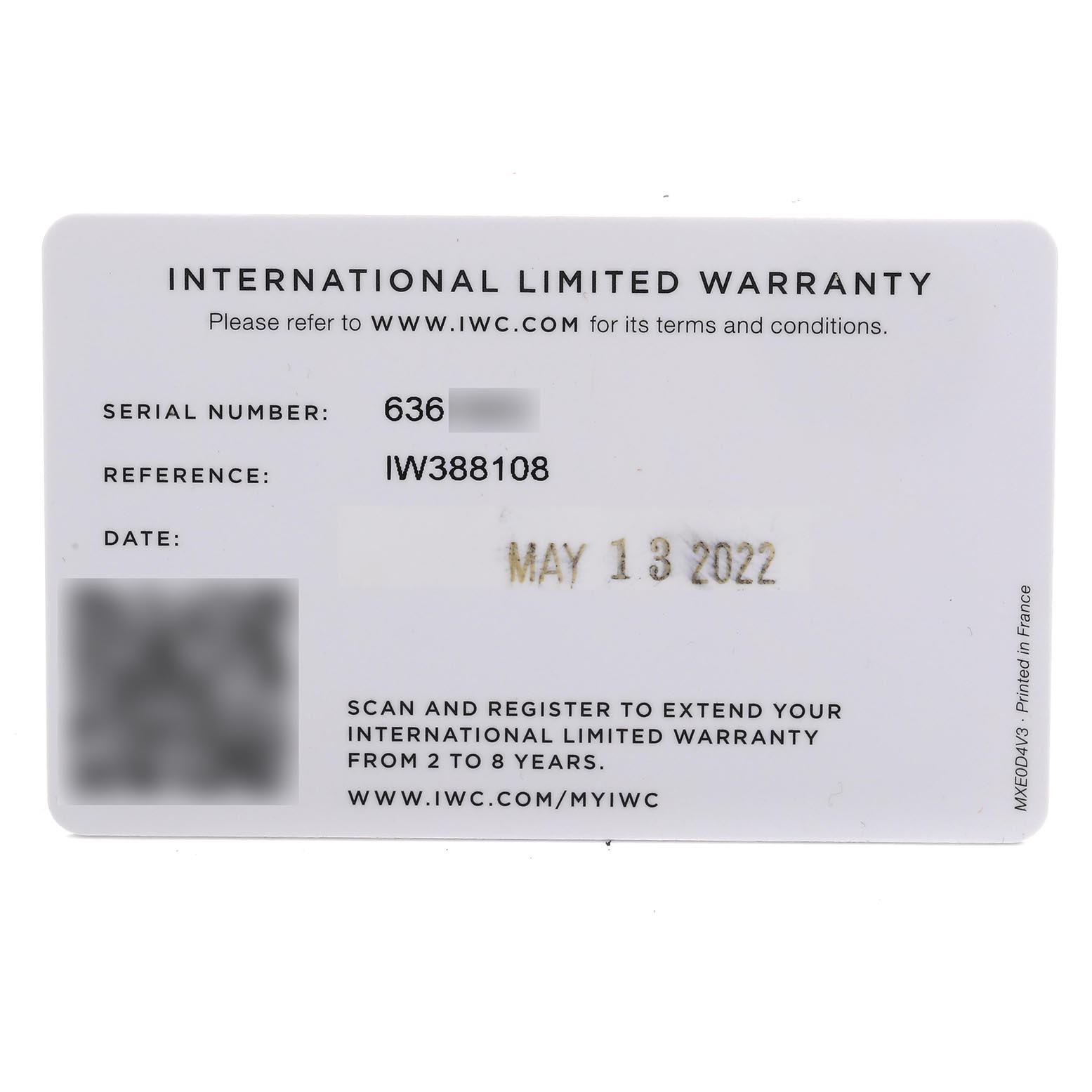 The image shows an International Limited Warranty card for the IWC Pilot IW388108 Men's Titanium Black Dial model, displaying the serial number and reference number.