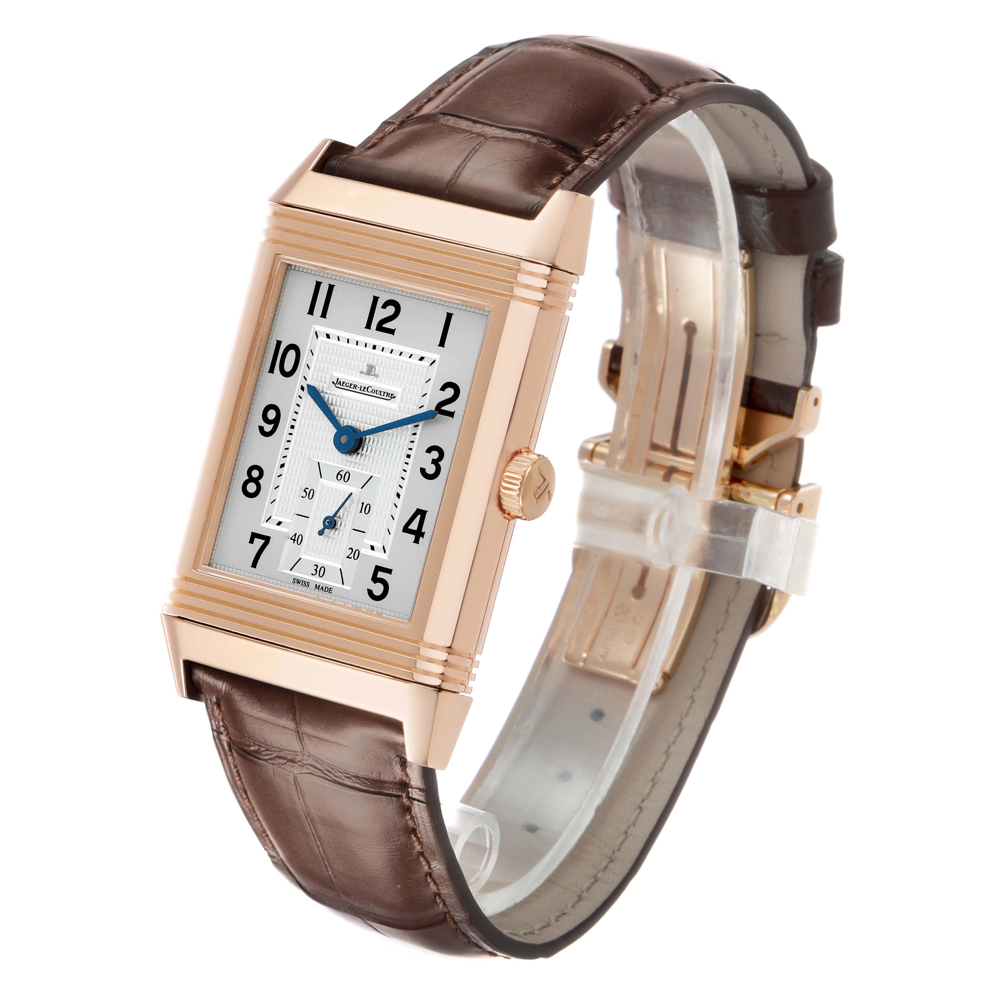 The Jaeger LeCoultre Reverso Q3732420 Men's Rose Gold Silver Dial watch is shown at a 3/4 angle, displaying the full dial, crown, and leather strap.
