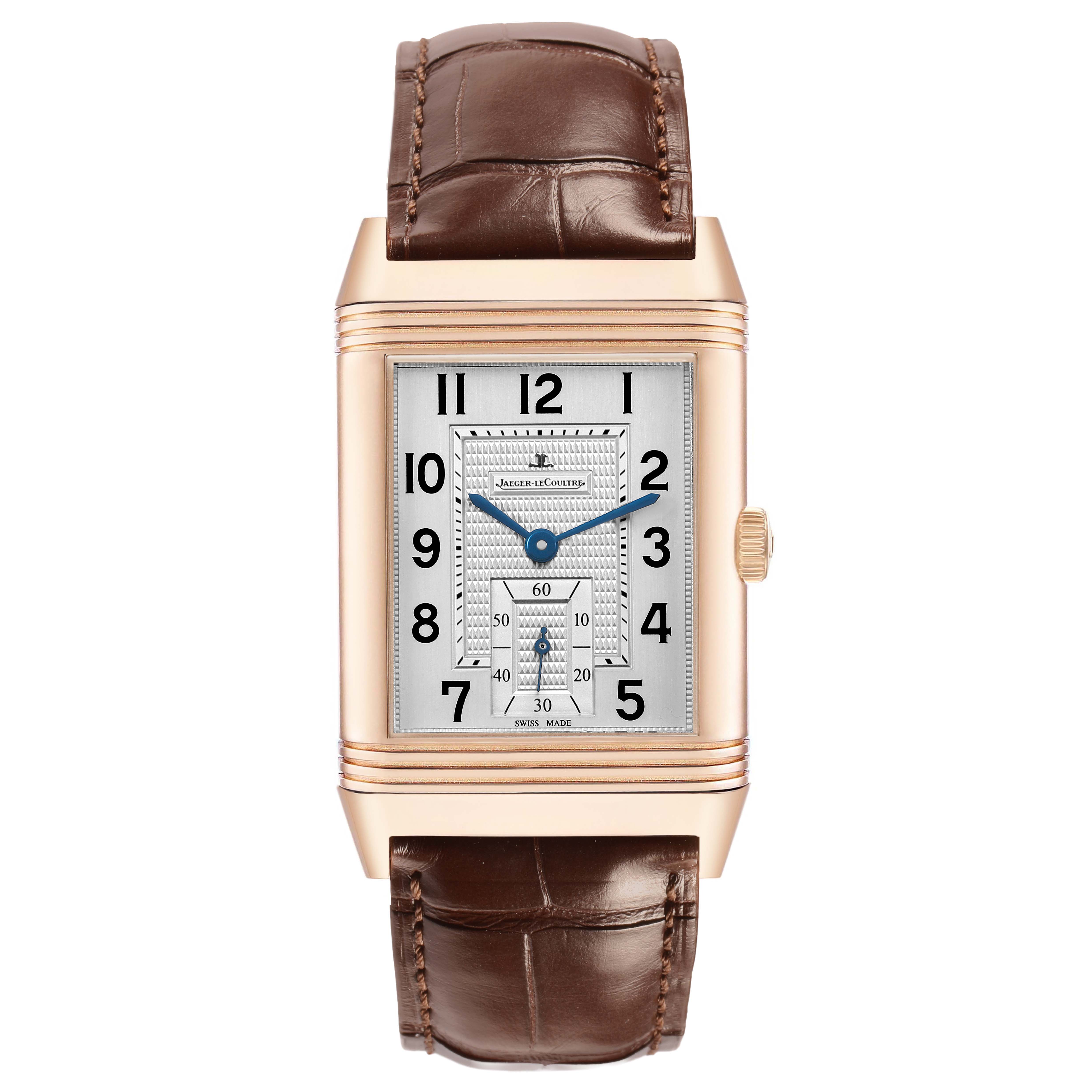 The Jaeger LeCoultre Reverso Q3732420 Men's Rose Gold Silver Dial watch is shown from a front view, highlighting its face, bezel, and leather strap.