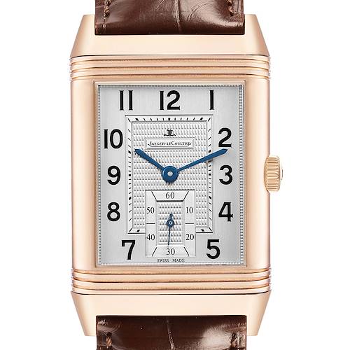 The image shows a frontal view of the Jaeger LeCoultre Reverso Q3732420 Men's Rose Gold Silver Dial watch, highlighting its face, dial, and strap.