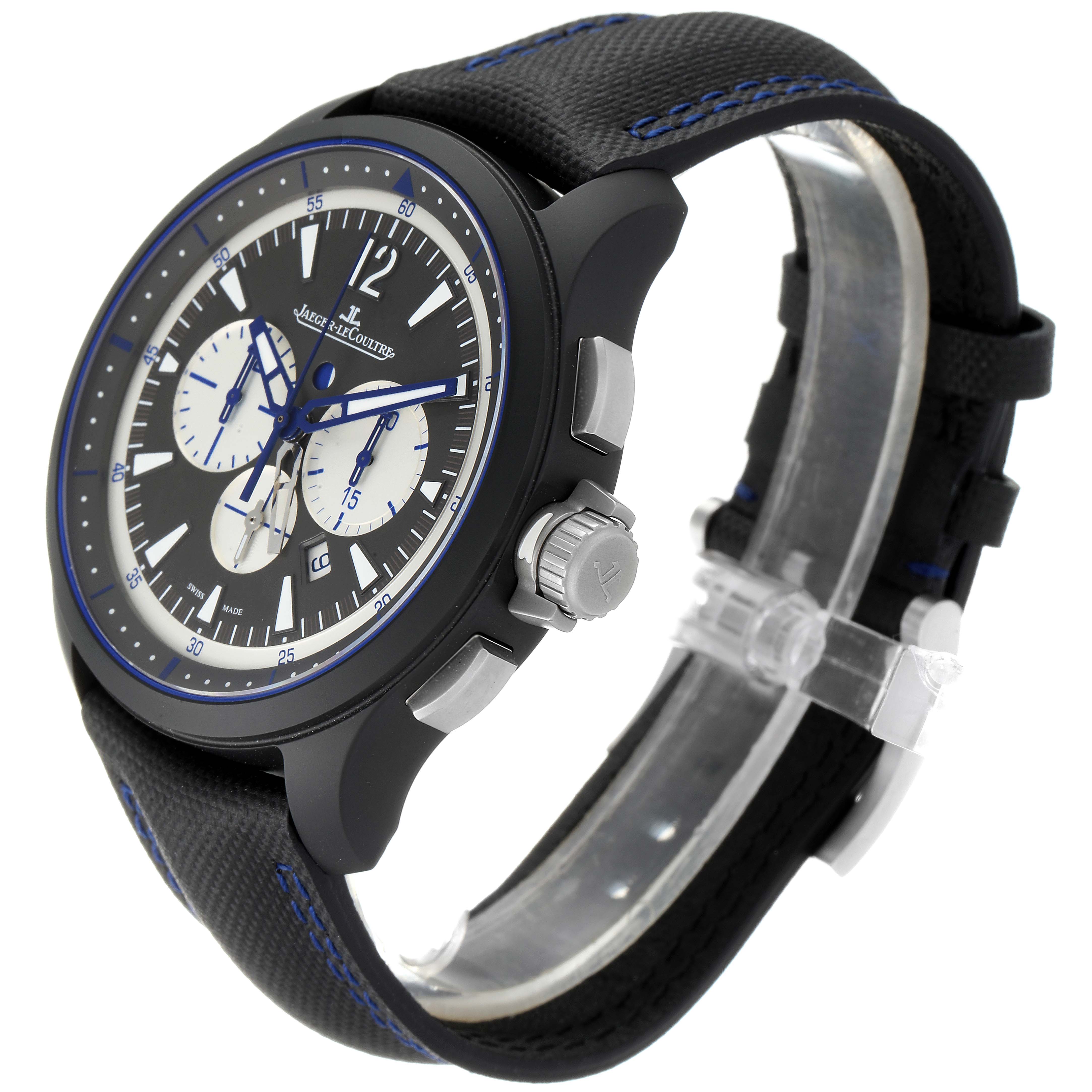 This image shows the Jaeger LeCoultre Master Q205C571 Men's Ceramic Grey Dial Q205C571 Men's Ceramic Grey Dial model watch angled to display its face, crown, pushers, and strap.