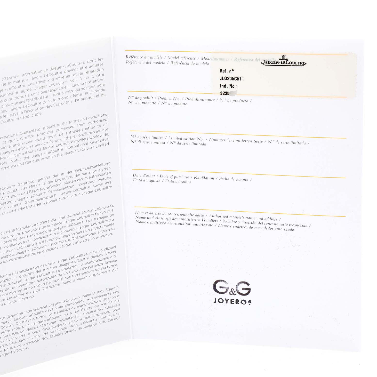 The image shows a Jaeger LeCoultre Master Q205C571 Men's Ceramic Grey Dial Q205C571 Men's Ceramic Grey Dial model's warranty card with fields for reference number, product number, and purchase details.