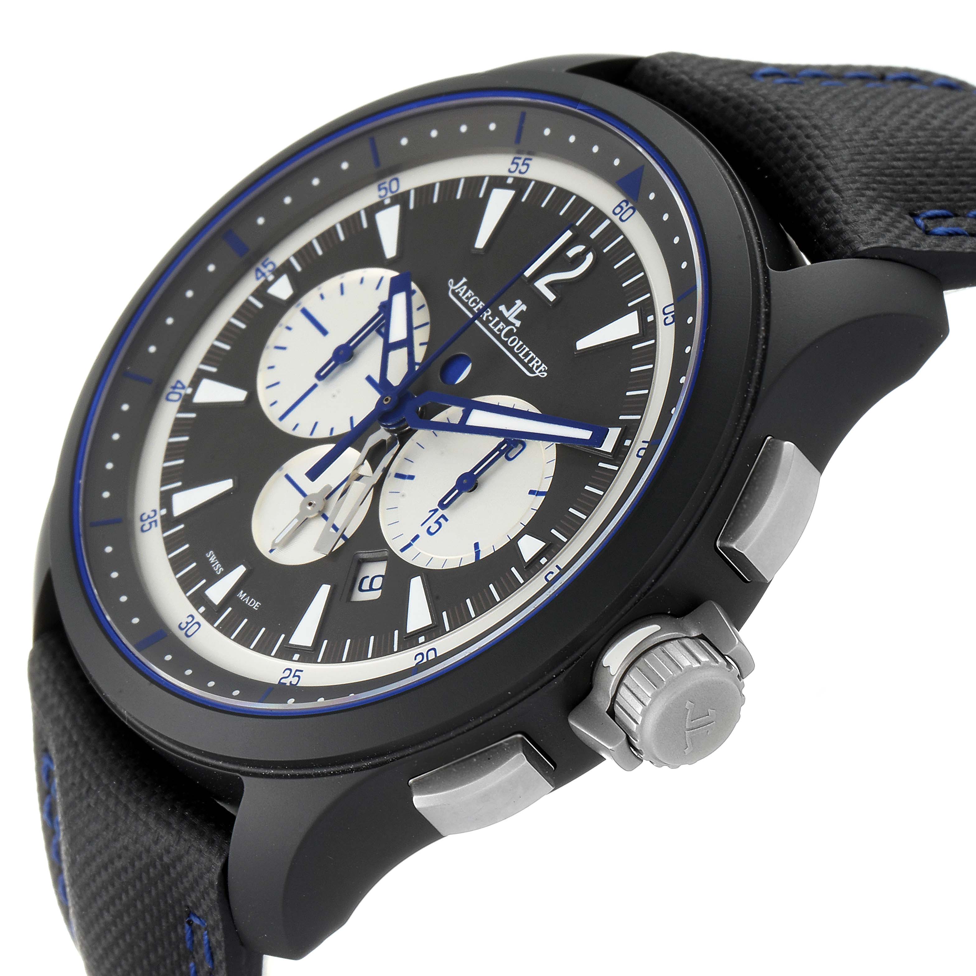 The Jaeger-LeCoultre Master model watch is shown at an angled side view, highlighting the dial, bezel, crown, and part of the strap.