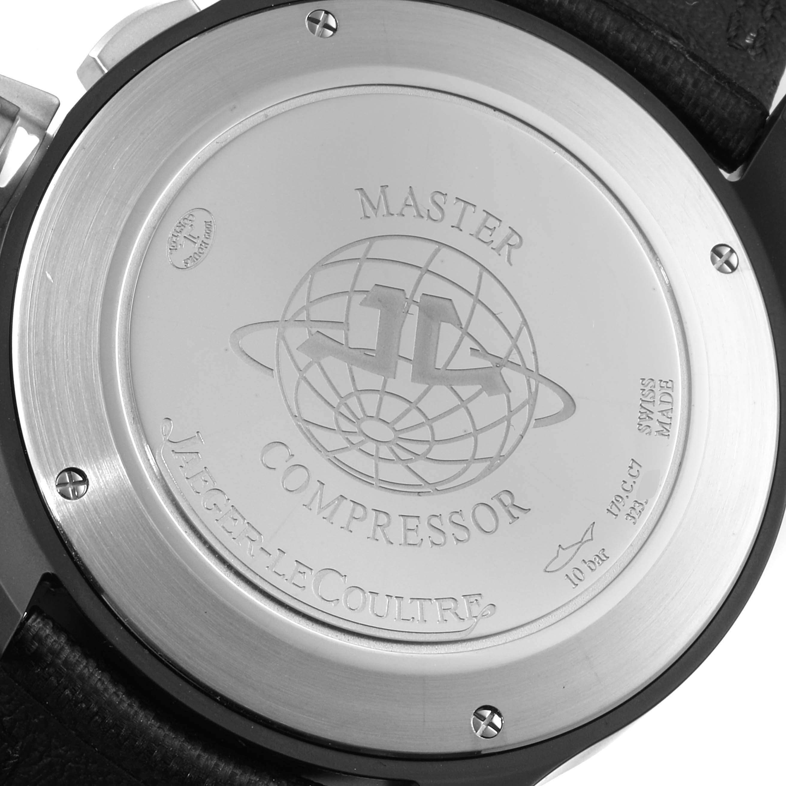 This image shows the back case of the Jaeger-LeCoultre Master Compressor watch, displaying branding and specifications.