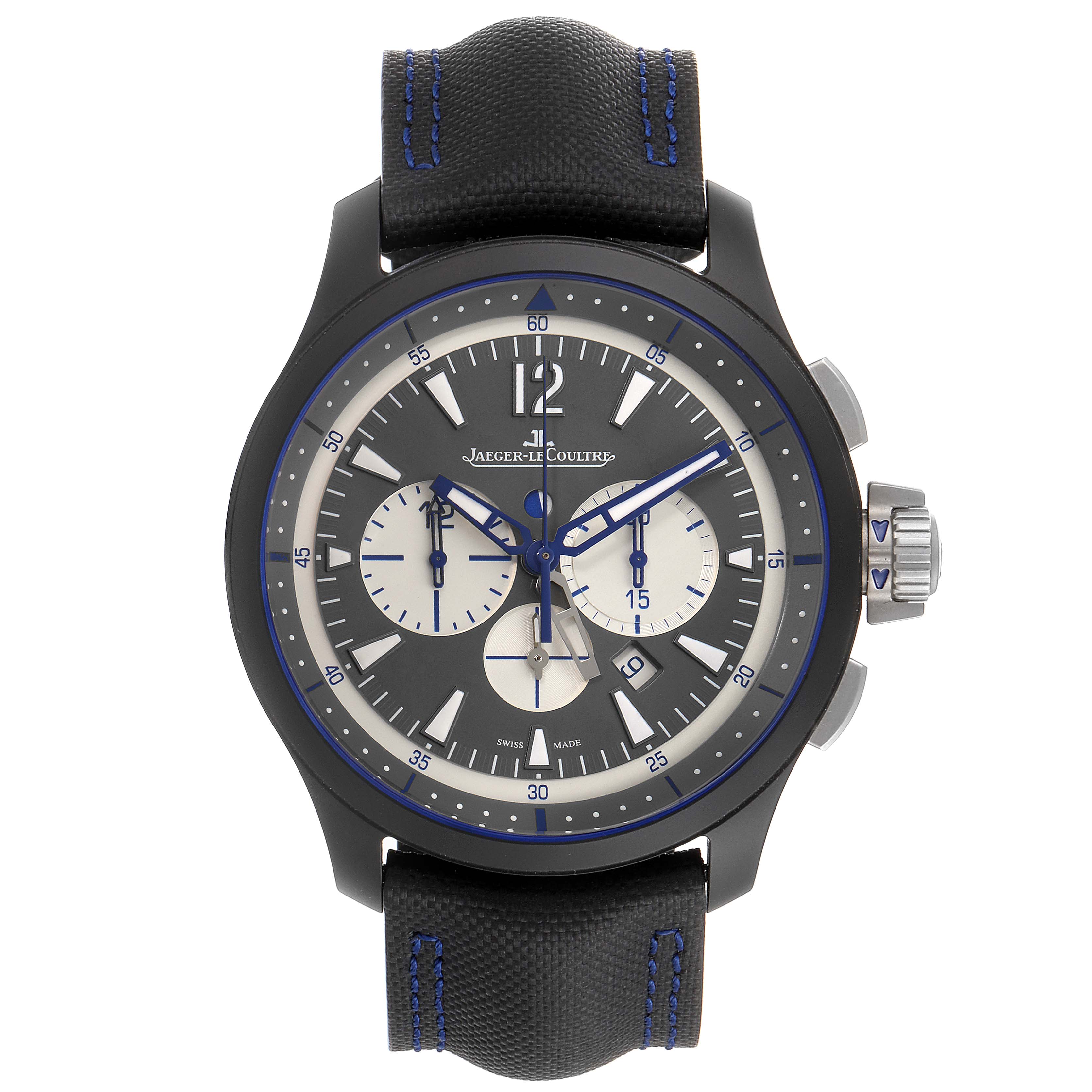 The image shows a front view of a Jaeger-LeCoultre Master model watch, highlighting its face, strap, and side buttons.