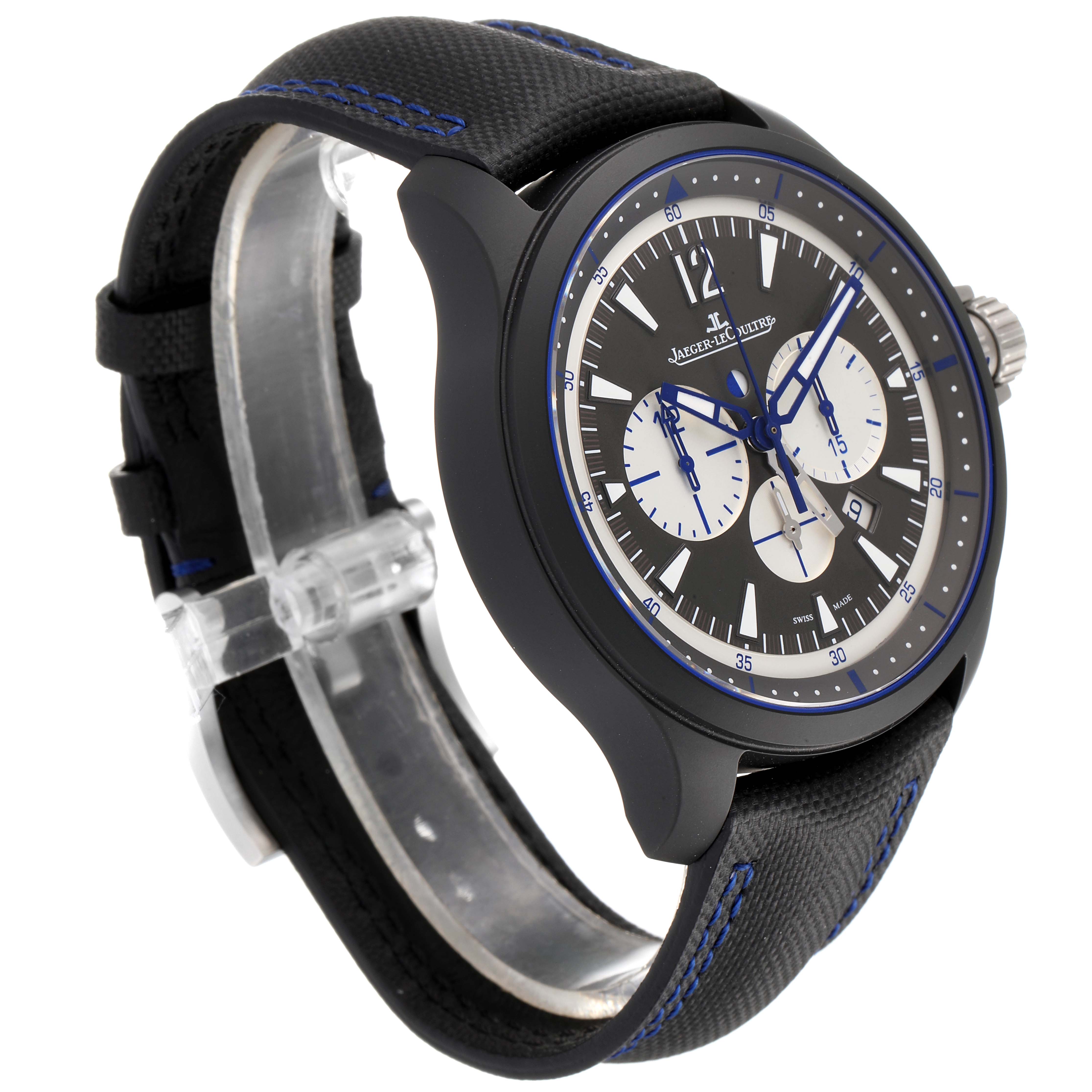 The Jaeger-LeCoultre Master model watch is shown at a slight angle, highlighting its face, bezel, crown, and strap details.