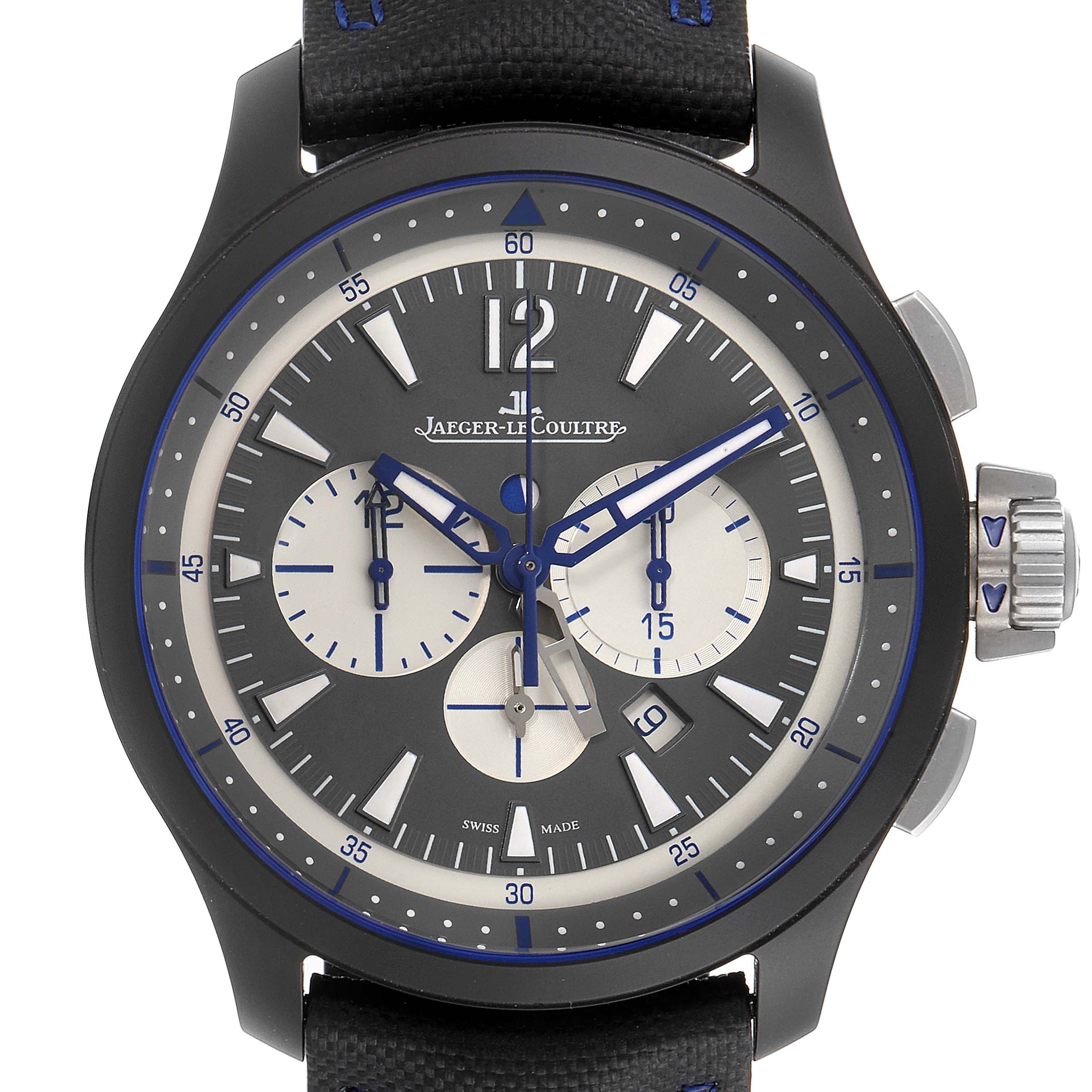 This is a front view of the Jaeger-LeCoultre Master model watch, showing the face, dials, and bezel.