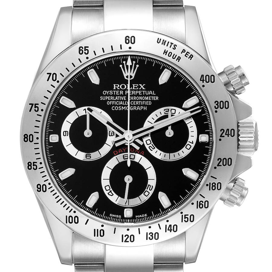 The image shows a frontal view of the Rolex Daytona watch, highlighting the dial, bezel, crown, and pushers.