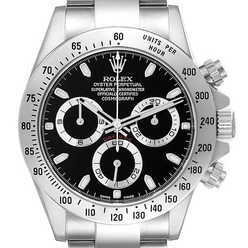 The Rolex Daytona watch is shown from the front, displaying the dial, subdials, bezel, and crown.