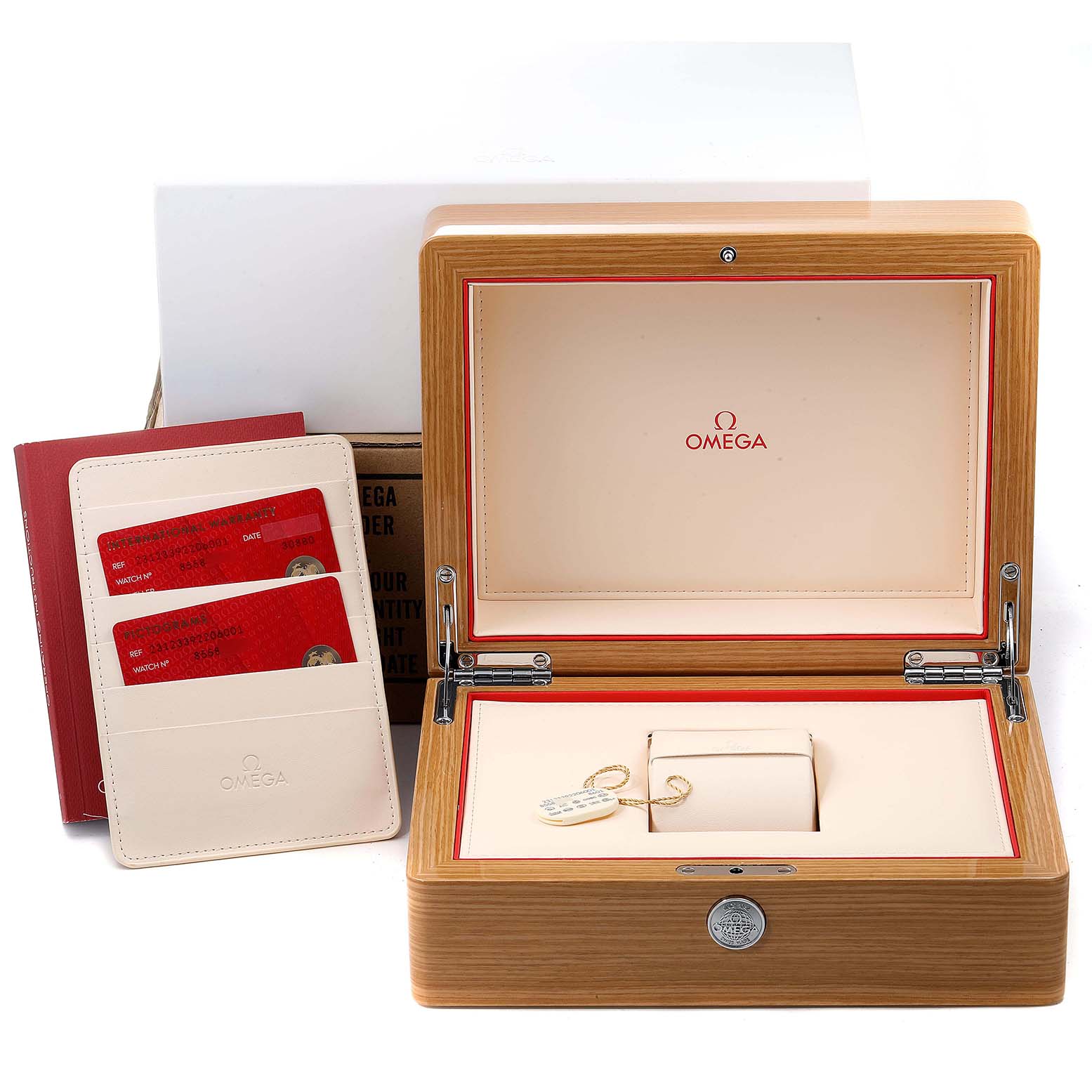 The image displays the accessories of the Omega Aqua Terra 231.23.39.22.06.001 Men's Steel and Gold (two tone) Grey Dial 231.23.39.22.06.001 Men's Steel and Gold (two tone) Grey Dial watch, including its box, authenticity cards, and a booklet.