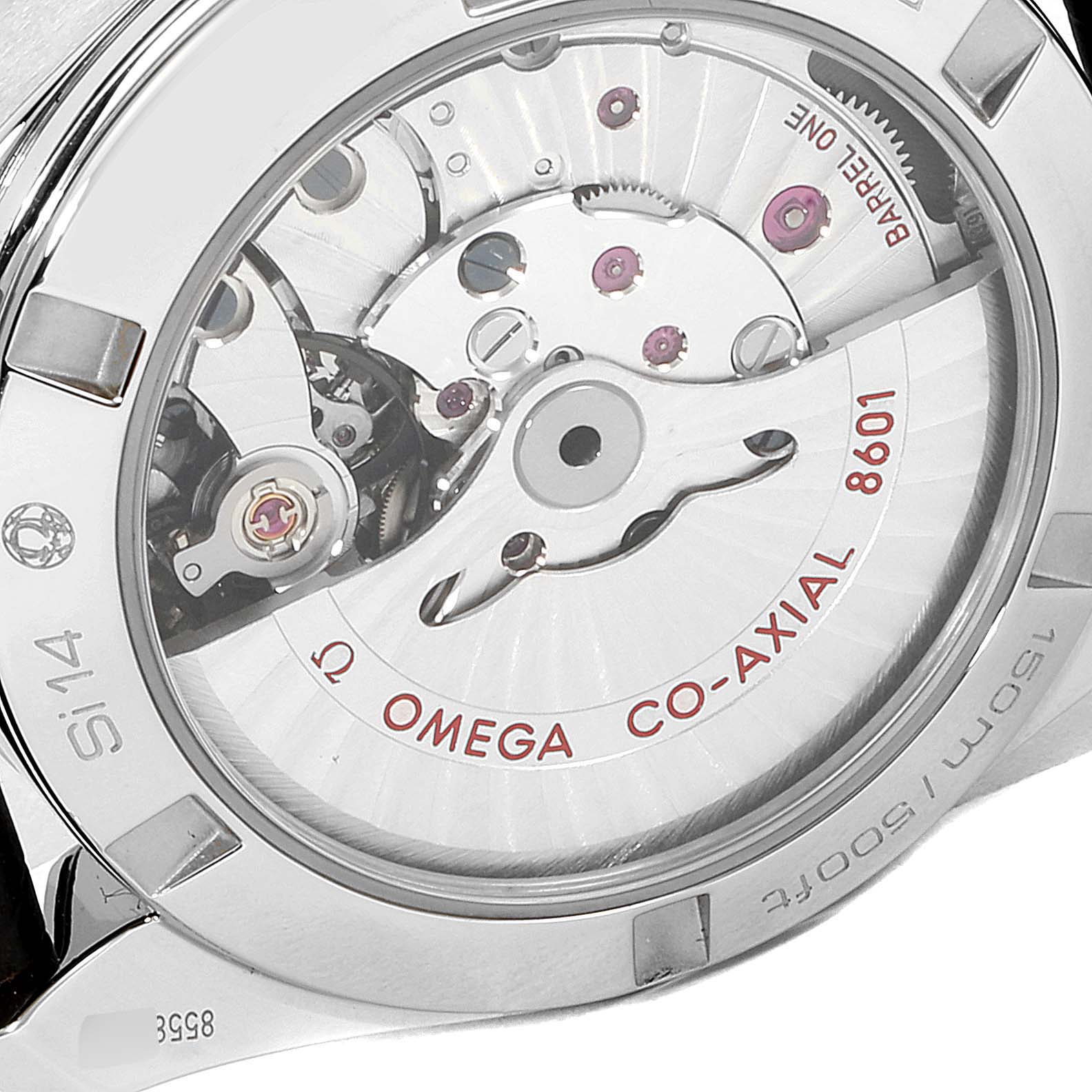 This image shows the back and internal mechanism of the Omega Aqua Terra 231.23.39.22.06.001 Men's Steel and Gold (two tone) Grey Dial 231.23.39.22.06.001 Men's Steel and Gold (two tone) Grey Dial watch, highlighting its Co-Axial 8601 movement.