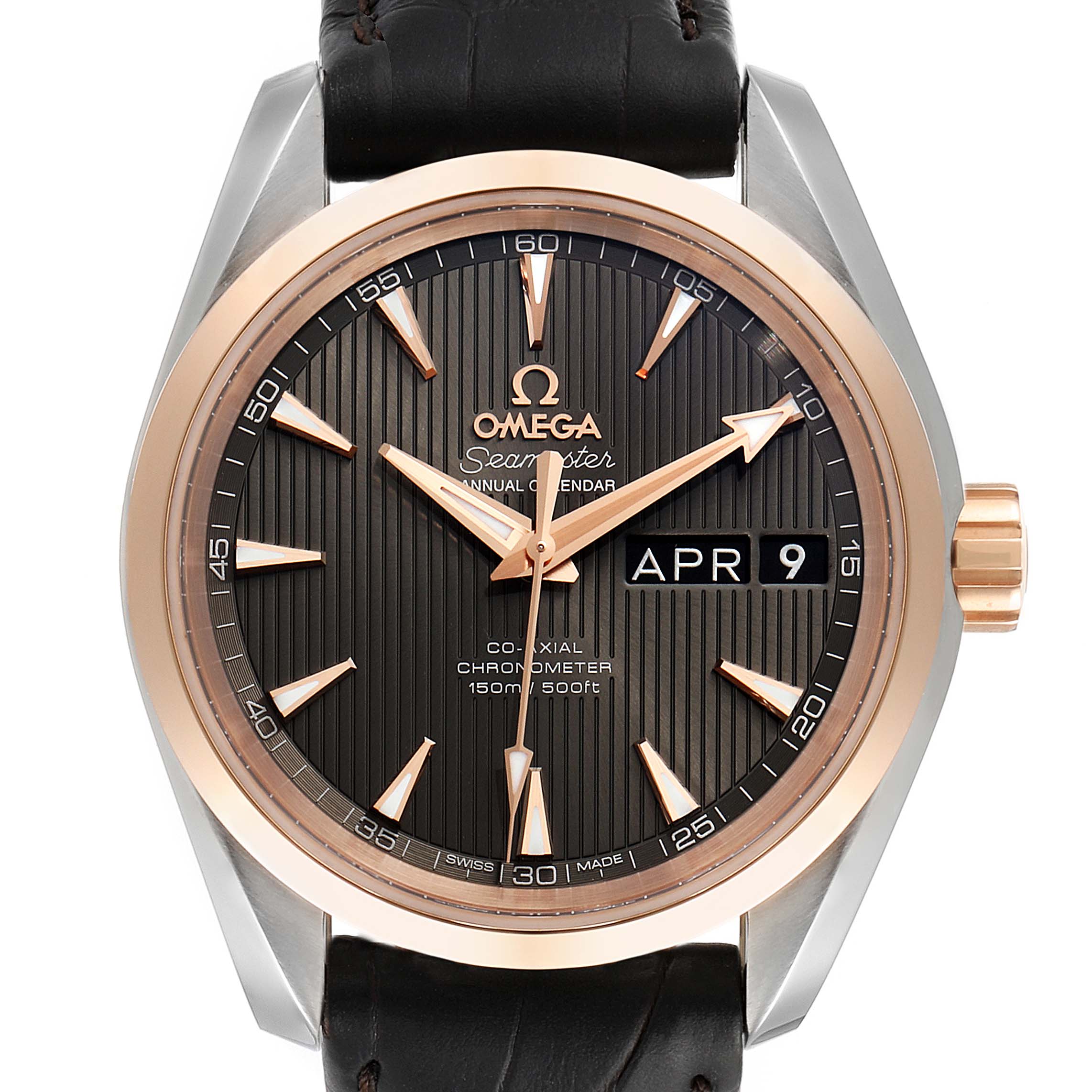 This image shows a front view of the Omega Seamaster Aqua Terra model watch, displaying the dial, date, and crown.