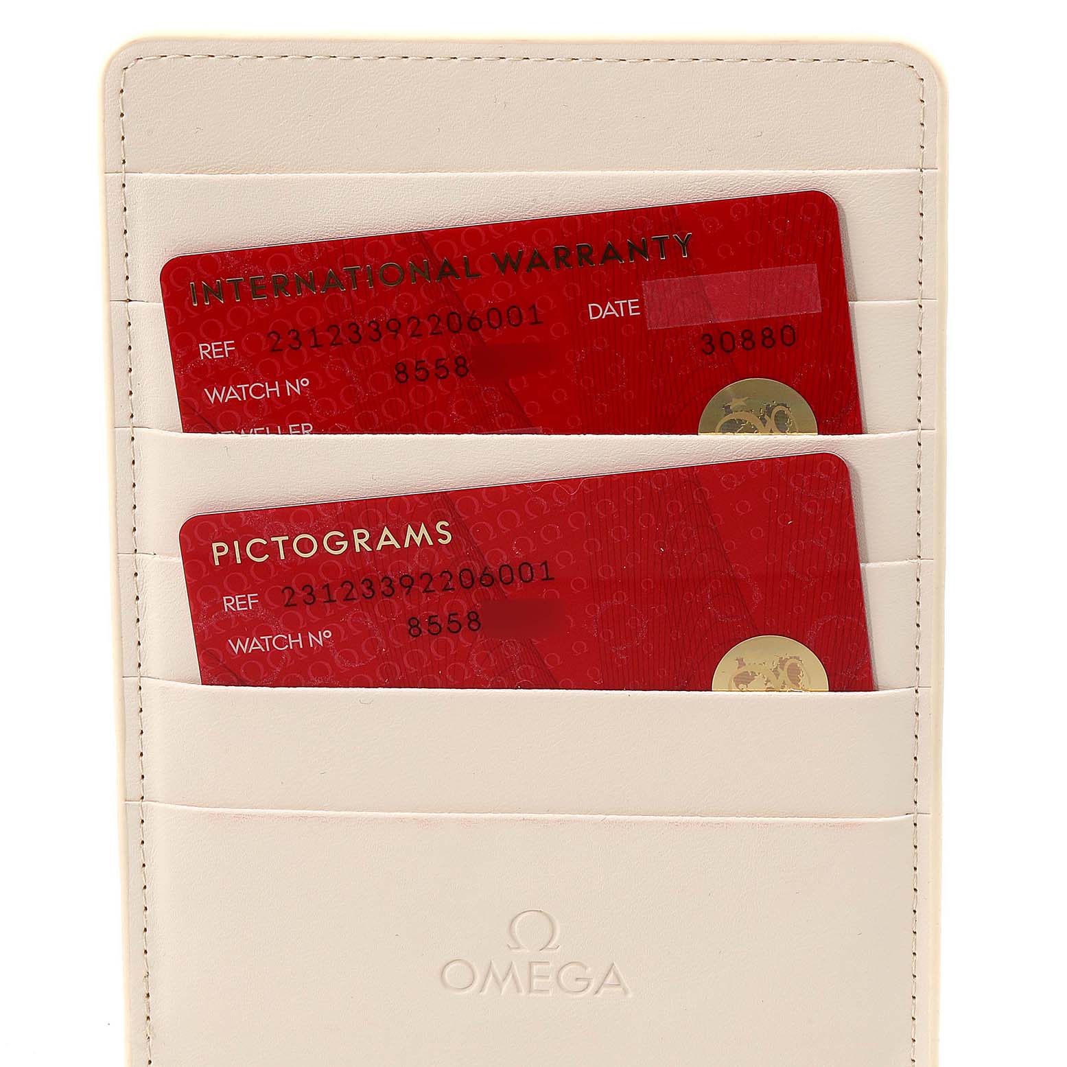 This image shows warranty and pictogram cards for an Omega Aqua Terra 231.23.39.22.06.001 Men's Steel and Gold (two tone) Grey Dial 231.23.39.22.06.001 Men's Steel and Gold (two tone) Grey Dial watch in a white cardholder.