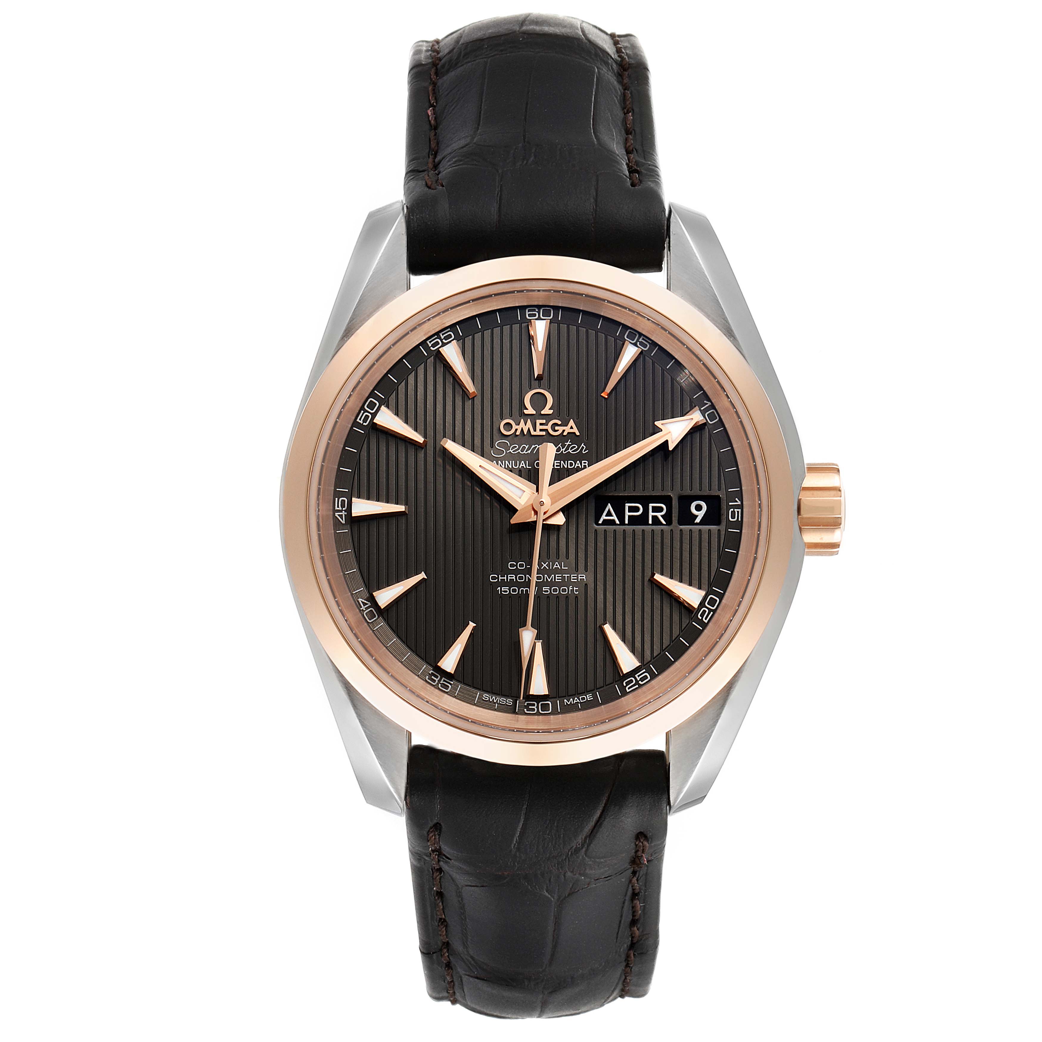 The Omega Aqua Terra 231.23.39.22.06.001 Men's Steel and Gold (two tone) Grey Dial 231.23.39.22.06.001 Men's Steel and Gold (two tone) Grey Dial watch is shown from a front angle, displaying its face, bezel, and leather strap.