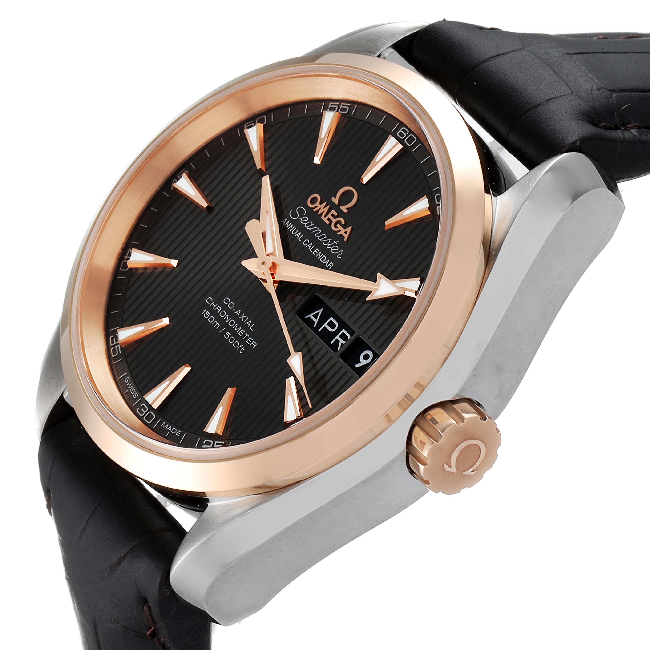 The Omega Aqua Terra 231.23.39.22.06.001 Men's Steel and Gold (two tone) Grey Dial 231.23.39.22.06.001 Men's Steel and Gold (two tone) Grey Dial model is shown from an angled side view, highlighting the face, crown, and strap.