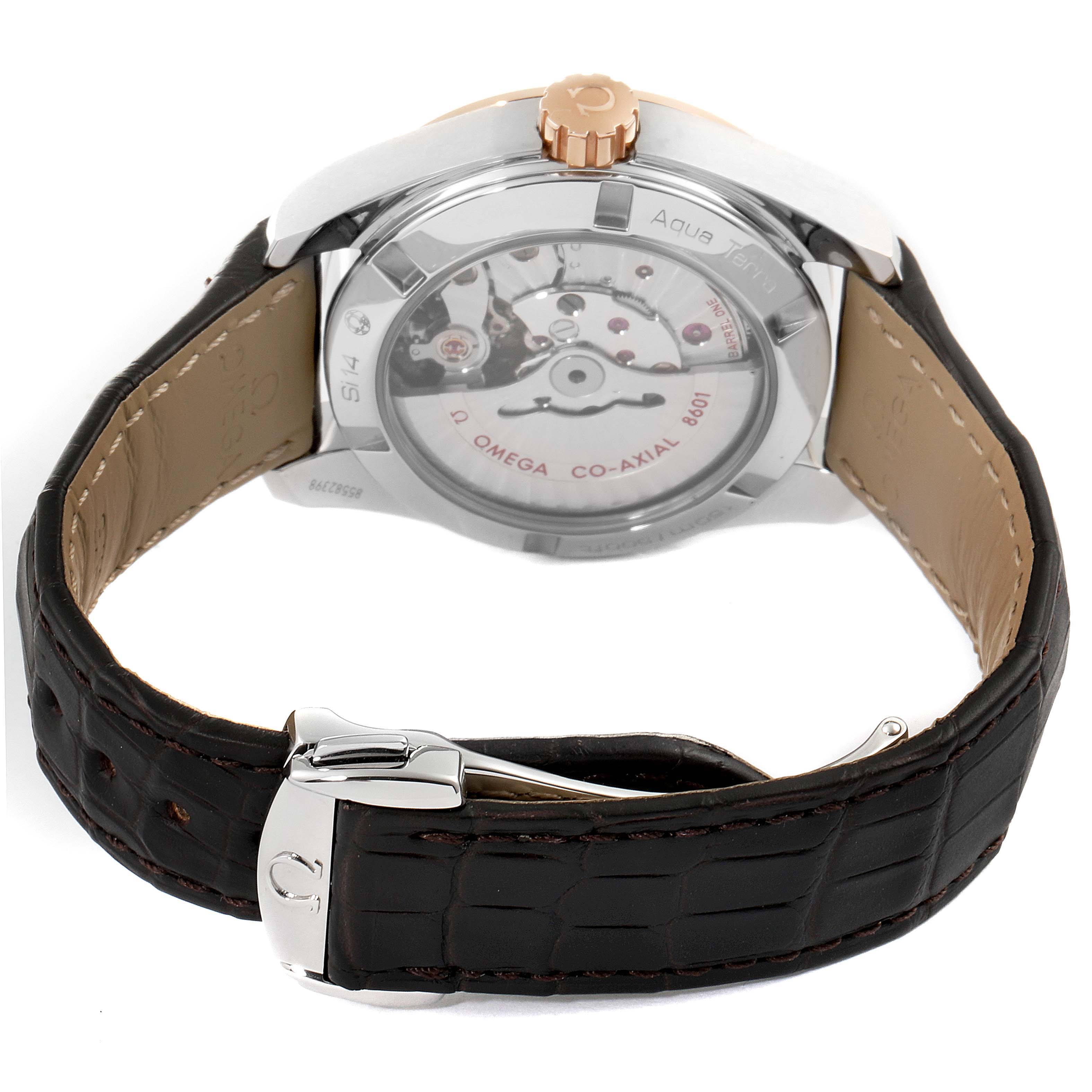 This Omega Aqua Terra 231.23.39.22.06.001 Men's Steel and Gold (two tone) Grey Dial 231.23.39.22.06.001 Men's Steel and Gold (two tone) Grey Dial watch is shown from a rear angle, displaying the transparent case back and the leather strap with buckle.