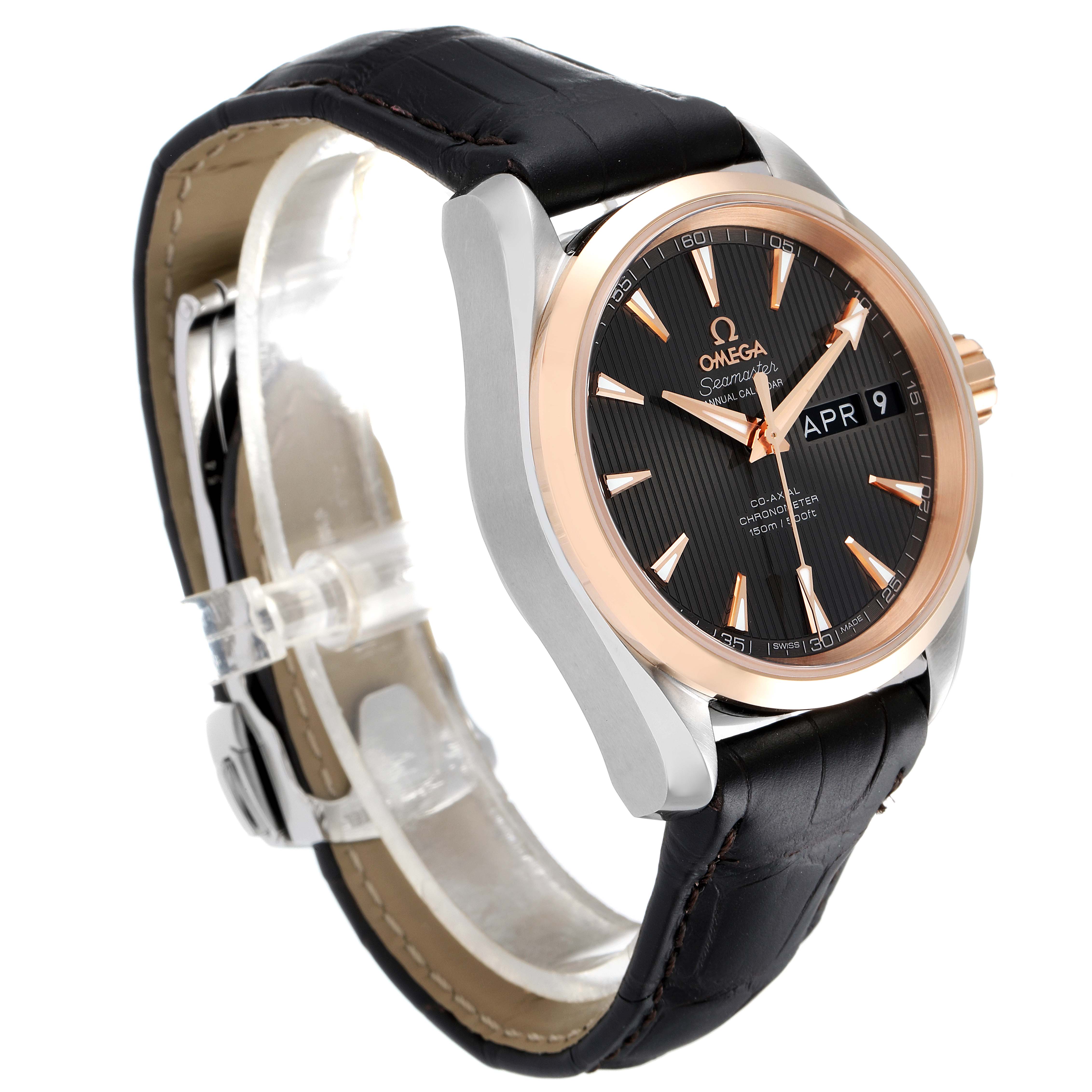 The image shows an angled view of an Omega Aqua Terra 231.23.39.22.06.001 Men's Steel and Gold (two tone) Grey Dial 231.23.39.22.06.001 Men's Steel and Gold (two tone) Grey Dial watch, displaying the dial, bezel, case, crown, and leather strap.