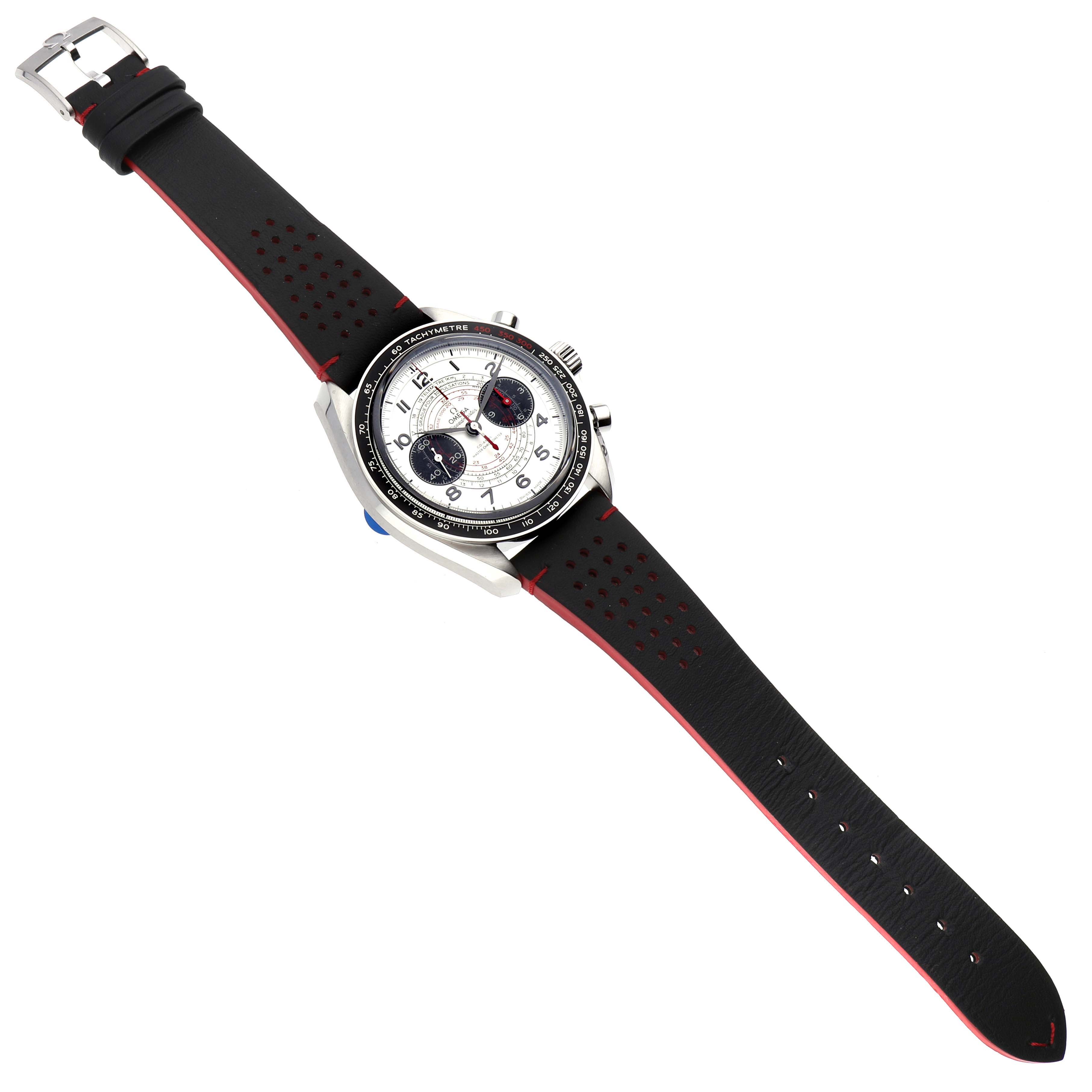 The Omega Speedmaster 329.32.43.51.02.001 Men
s Stainless Steel Silver Dial 329.32.43.51.02.001 Men
s Stainless Steel Silver Dial watch is shown from a top-down angle, displaying its face, bezel, crown, pushers, and perforated strap.