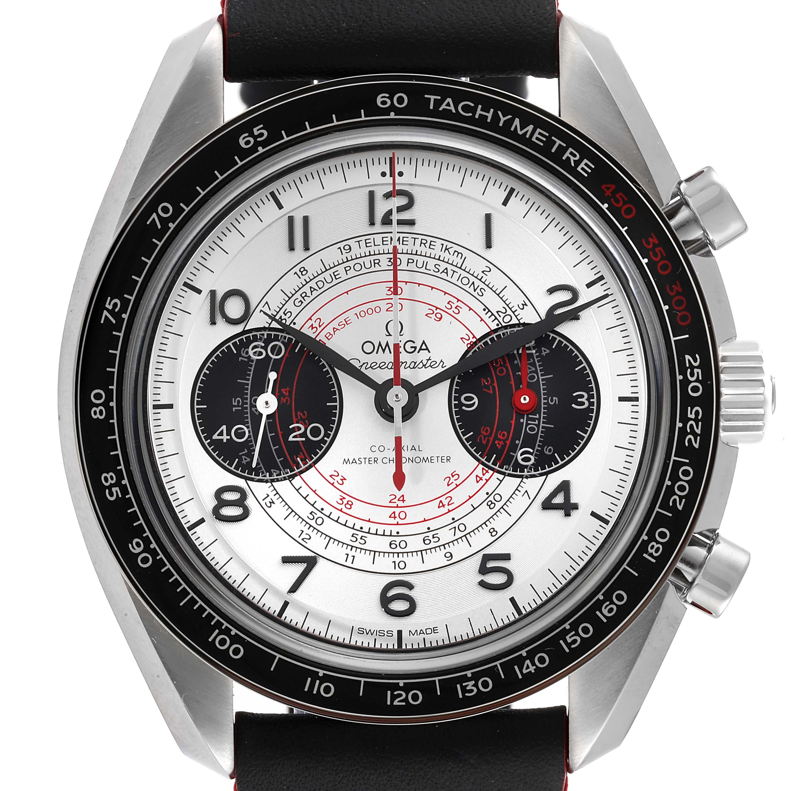 This image portrays a frontal view of the Omega Speedmaster 329.32.43.51.02.001 Men
s Stainless Steel Silver Dial 329.32.43.51.02.001 Men
s Stainless Steel Silver Dial watch showing its dial, tachymeter, and black leather strap.