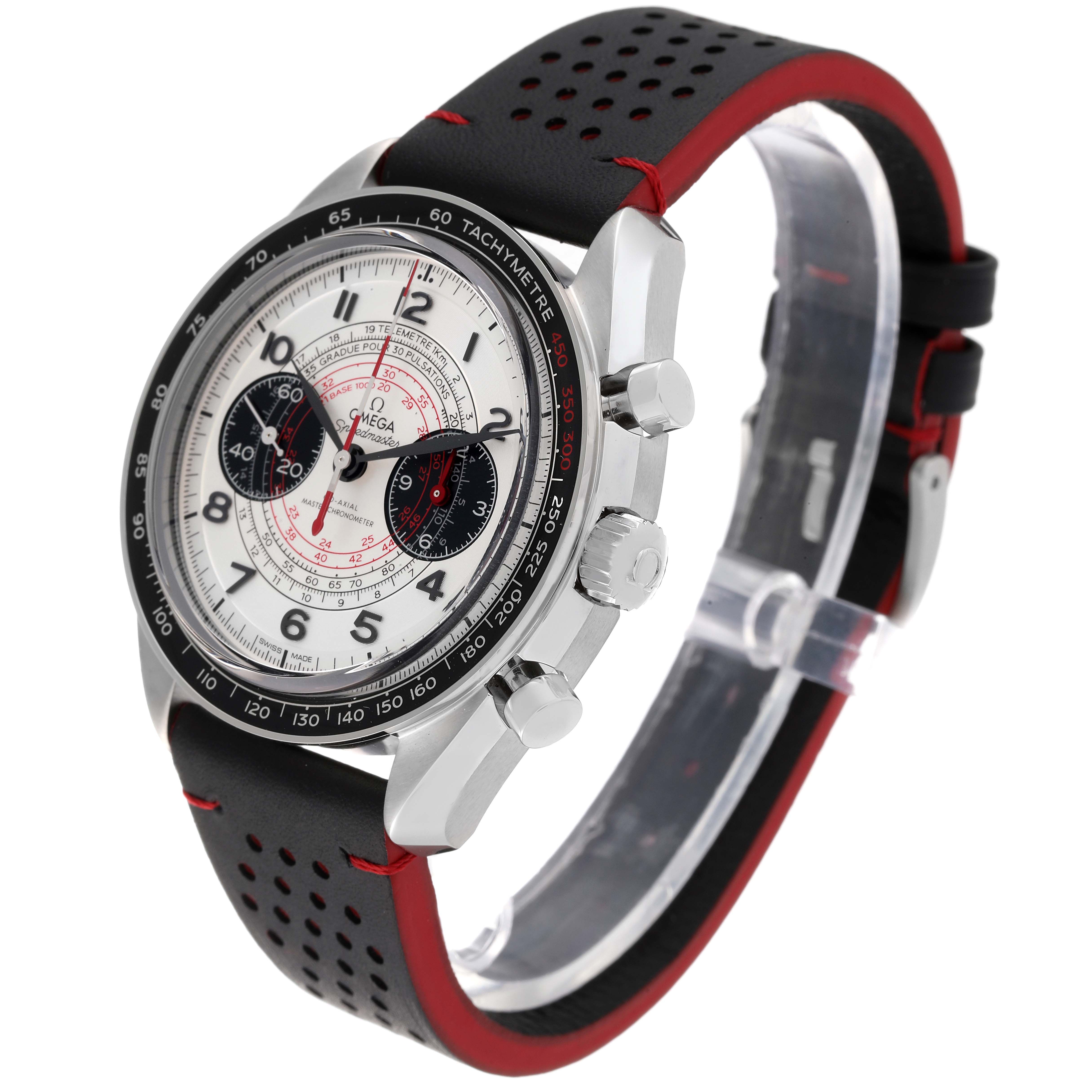 The Omega Speedmaster 329.32.43.51.02.001 Men
s Stainless Steel Silver Dial 329.32.43.51.02.001 Men
s Stainless Steel Silver Dial watch is shown at a three-quarter angle, displaying its face, bezel, crown, and pushers, along with the strap.