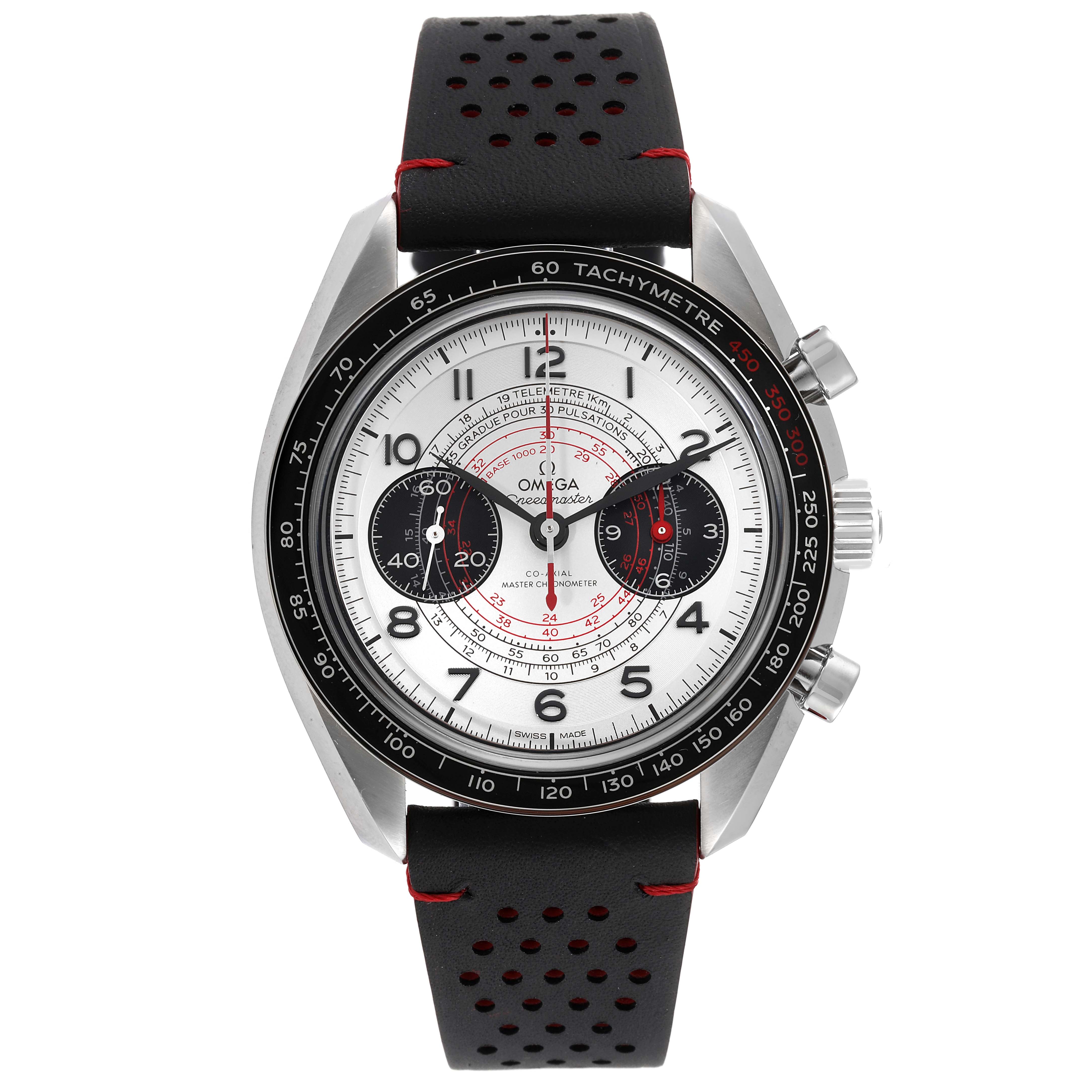 The Omega Speedmaster 329.32.43.51.02.001 Men
s Stainless Steel Silver Dial 329.32.43.51.02.001 Men
s Stainless Steel Silver Dial watch is shown from the front, featuring a detailed dial and a perforated black strap.