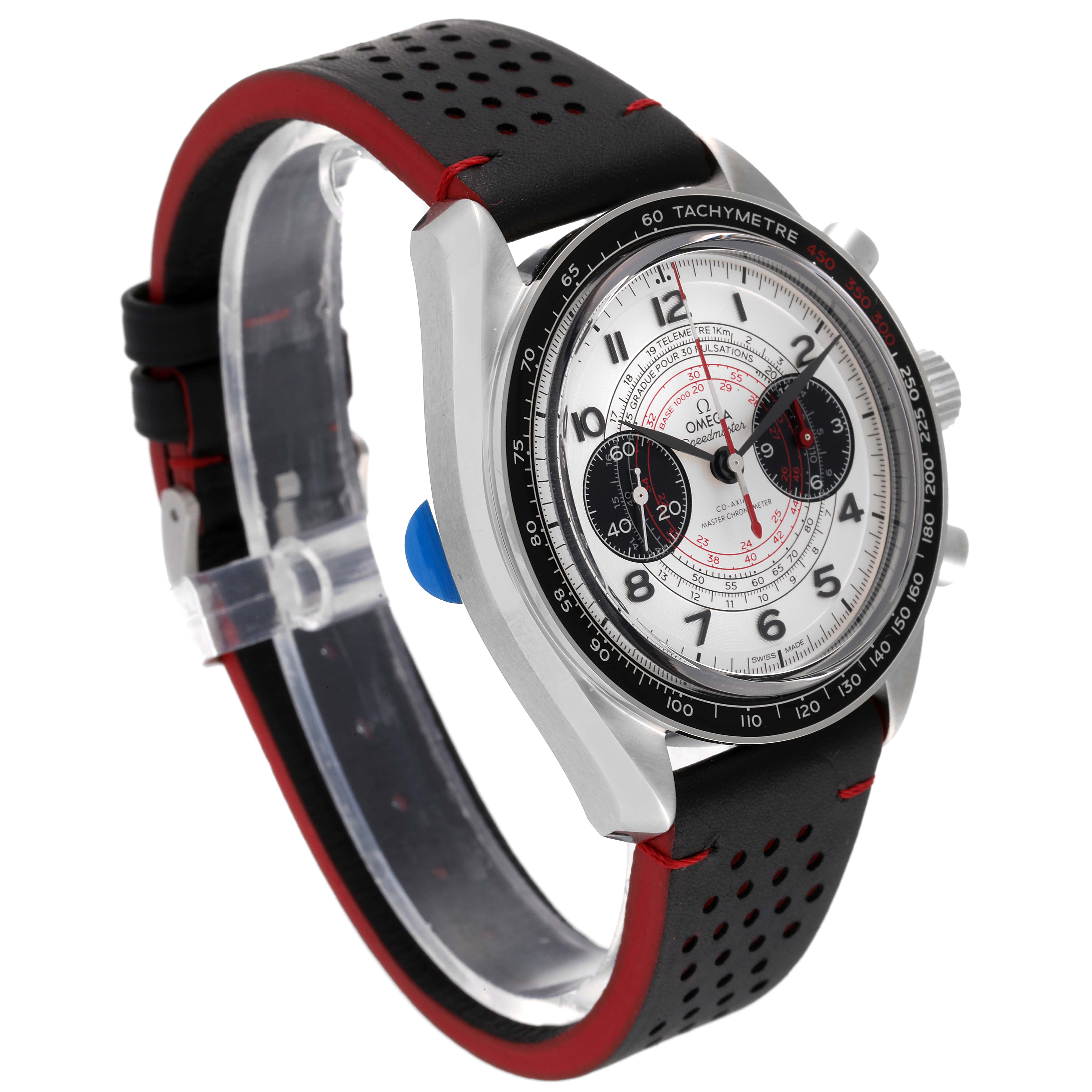 This image shows an Omega Speedmaster 329.32.43.51.02.001 Men
s Stainless Steel Silver Dial 329.32.43.51.02.001 Men
s Stainless Steel Silver Dial watch from a three-quarter front angle, highlighting the dial and strap details.