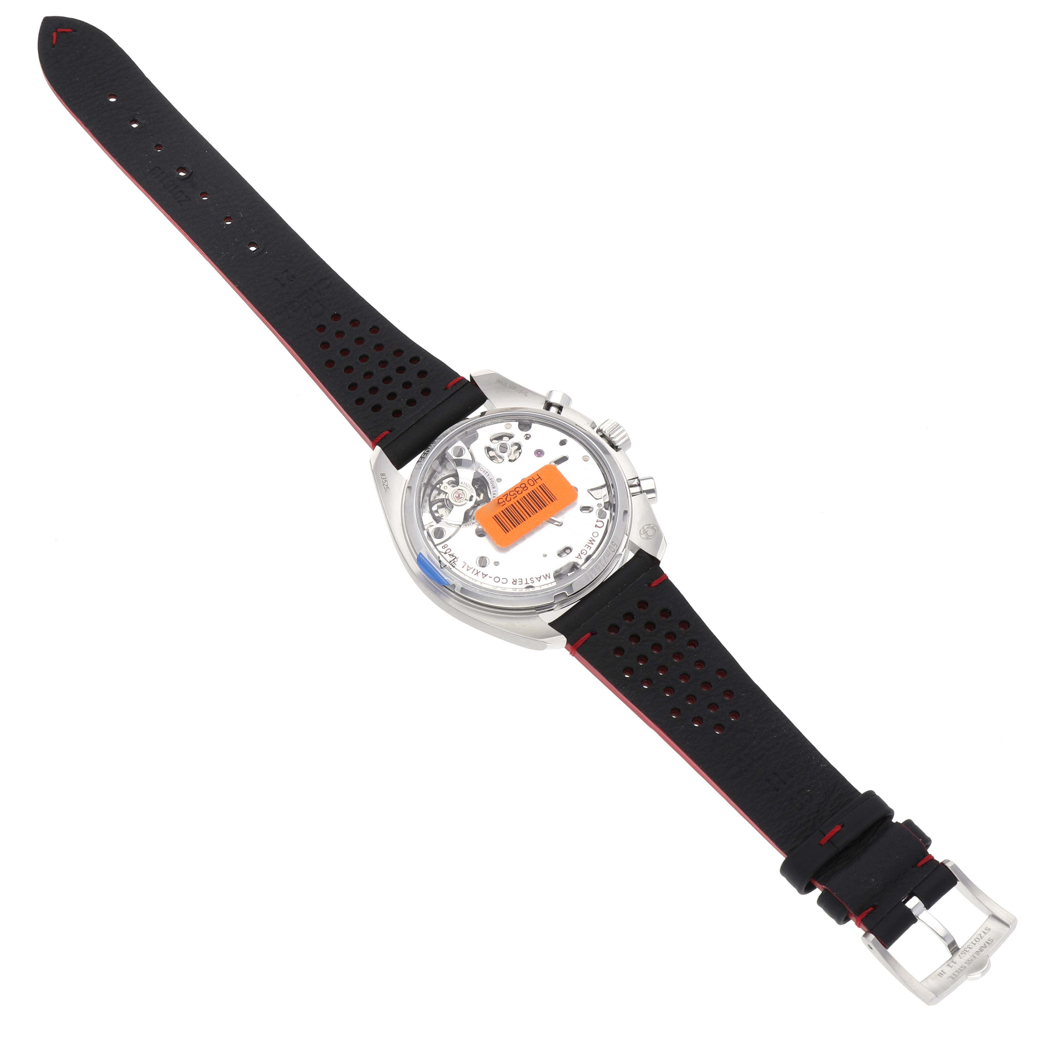 The image shows the back view of an Omega Speedmaster 329.32.43.51.02.001 Men
s Stainless Steel Silver Dial 329.32.43.51.02.001 Men
s Stainless Steel Silver Dial watch with a visible case back and black perforated strap.