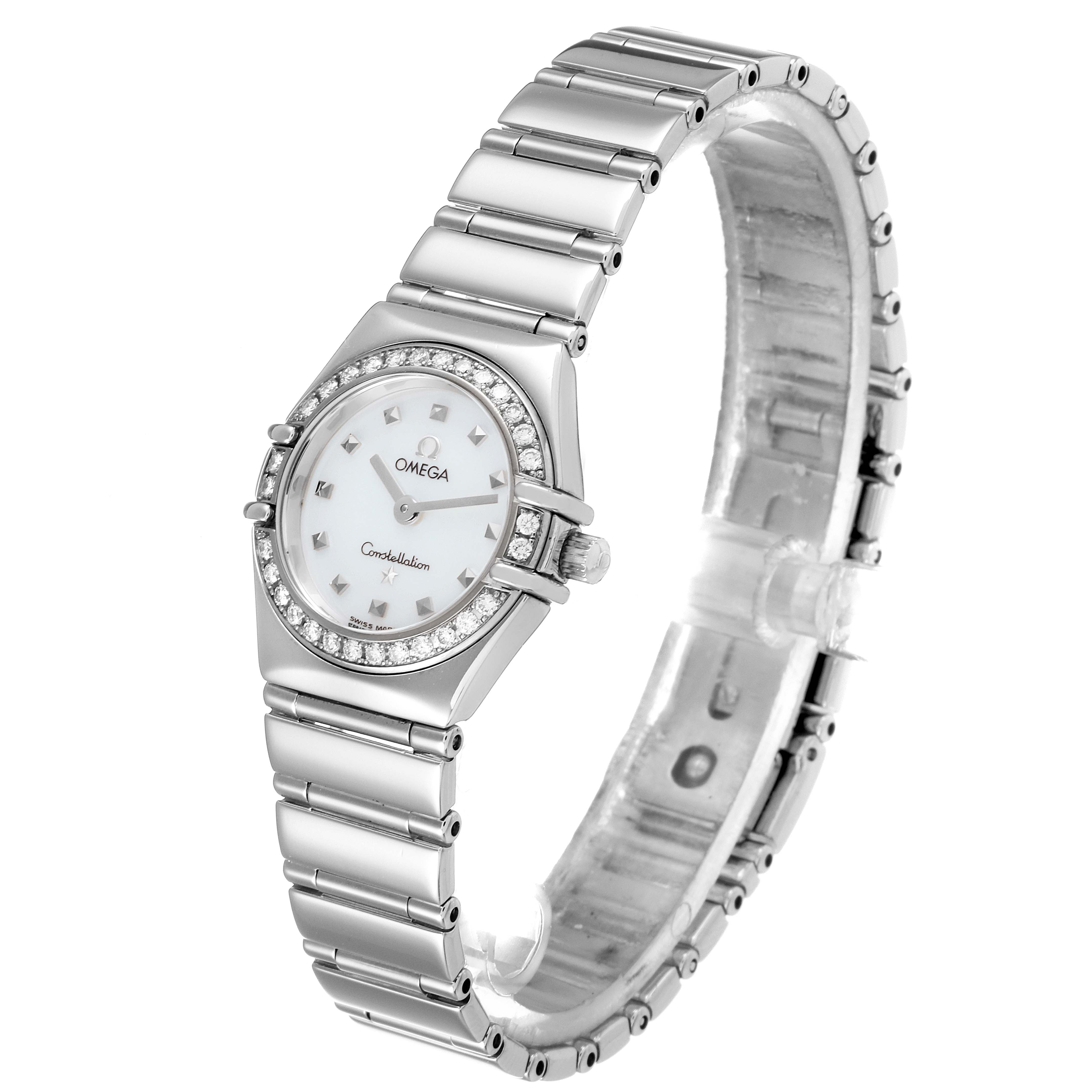The image shows a side angle of the Omega 1465.71.00 Women
s Stainless Steel Mother of Pearl Dial 1465.71.00 Women
s Stainless Steel Mother of Pearl Dial Constellation My Choice Diamond Steel Ladies Watch 1465.71.00, highlighting its bracelet and diamond-studded bezel.