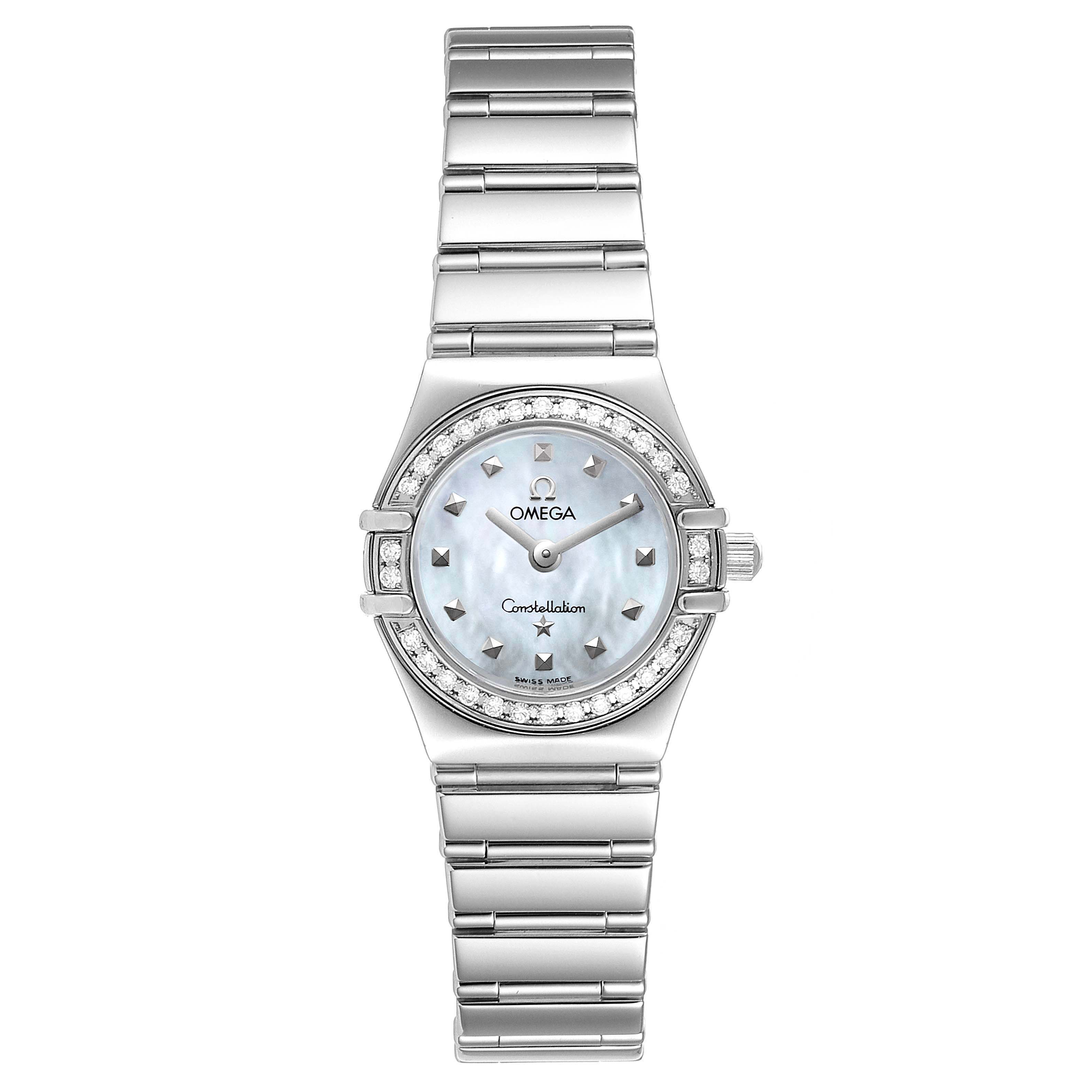 The image shows a frontal view of an Omega 1465.71.00 Women
s Stainless Steel Mother of Pearl Dial 1465.71.00 Women
s Stainless Steel Mother of Pearl Dial Constellation My Choice Diamond Steel Ladies Watch 1465.71.00, displaying the dial, bezel, and bracelet.