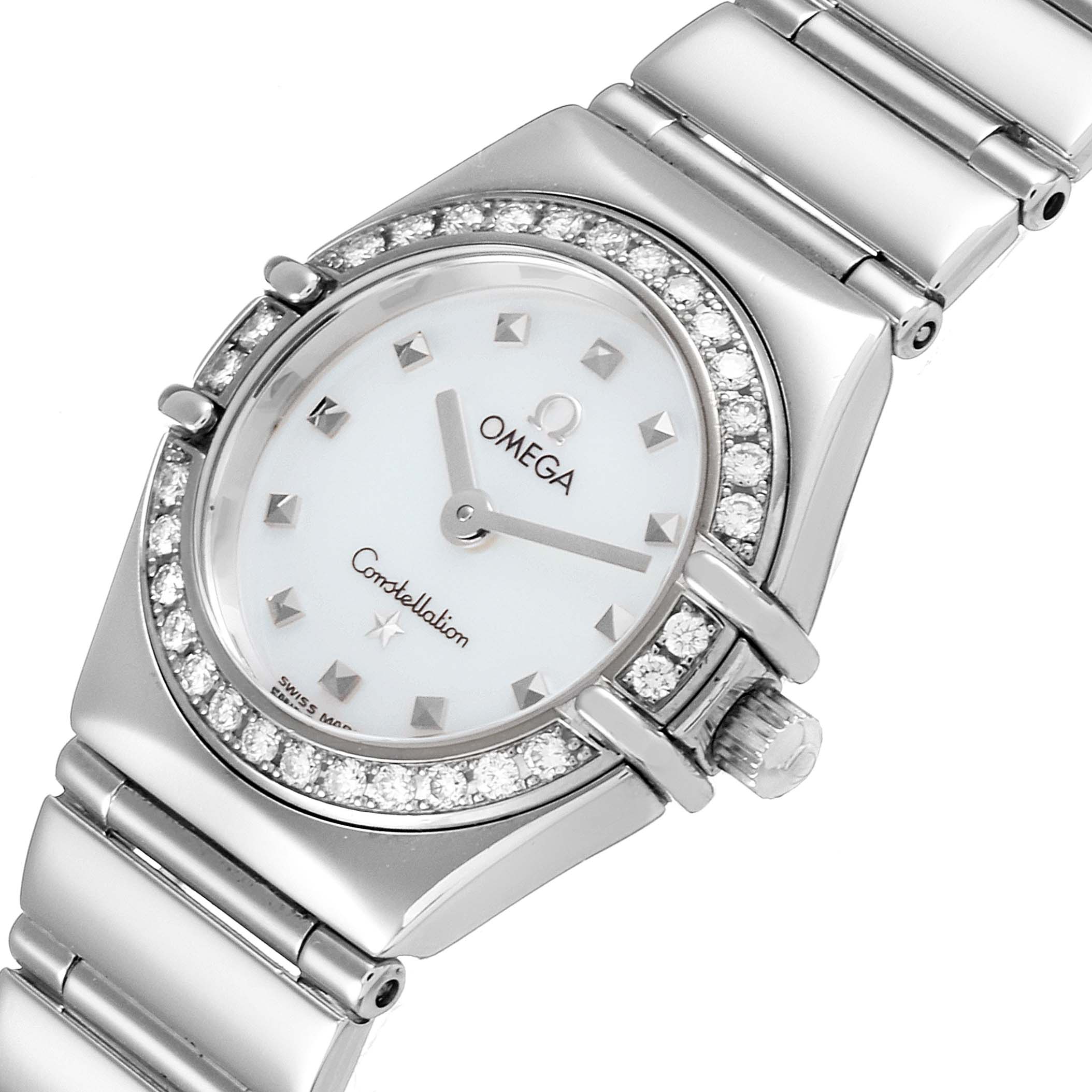 The image shows a close-up angle of the Omega 1465.71.00 Women
s Stainless Steel Mother of Pearl Dial 1465.71.00 Women
s Stainless Steel Mother of Pearl Dial Constellation My Choice Diamond Steel Ladies Watch 1465.71.00, highlighting its face and bracelet.