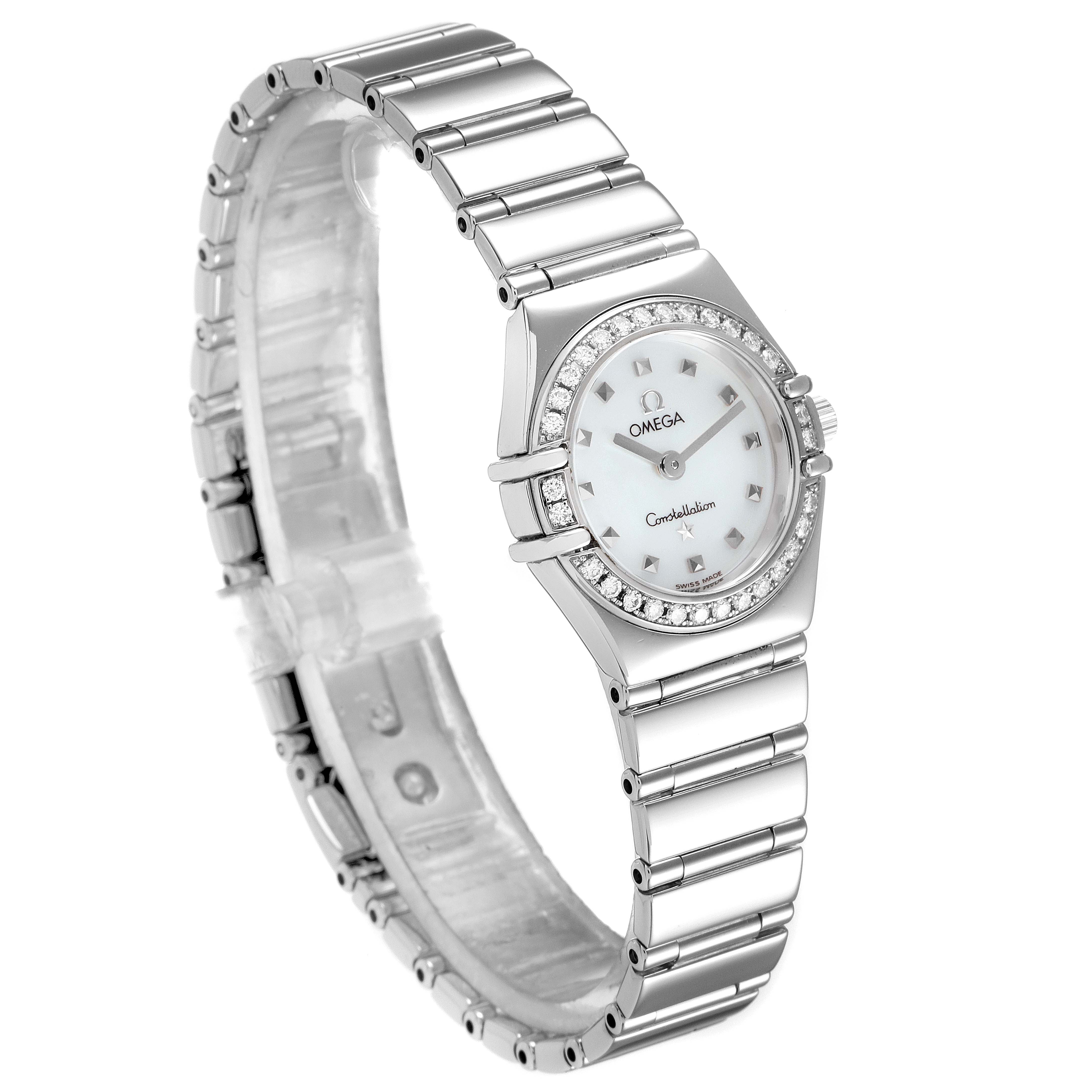 The image shows a front and partial side view of the Omega 1465.71.00 Women
s Stainless Steel Mother of Pearl Dial 1465.71.00 Women
s Stainless Steel Mother of Pearl Dial Constellation My Choice Diamond Steel Ladies Watch 1465.71.00.