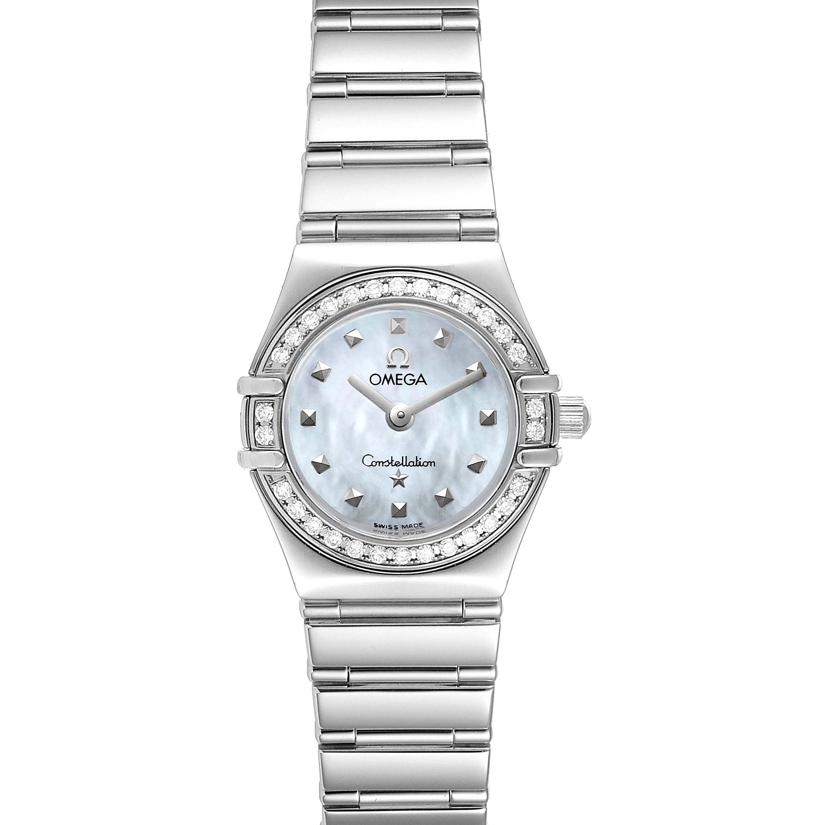The image shows a frontal view of the Omega 1465.71.00 Women
s Stainless Steel Mother of Pearl Dial 1465.71.00 Women
s Stainless Steel Mother of Pearl Dial Constellation My Choice Diamond Steel Ladies Watch 1465.71.00, displaying the watch face and bracelet.