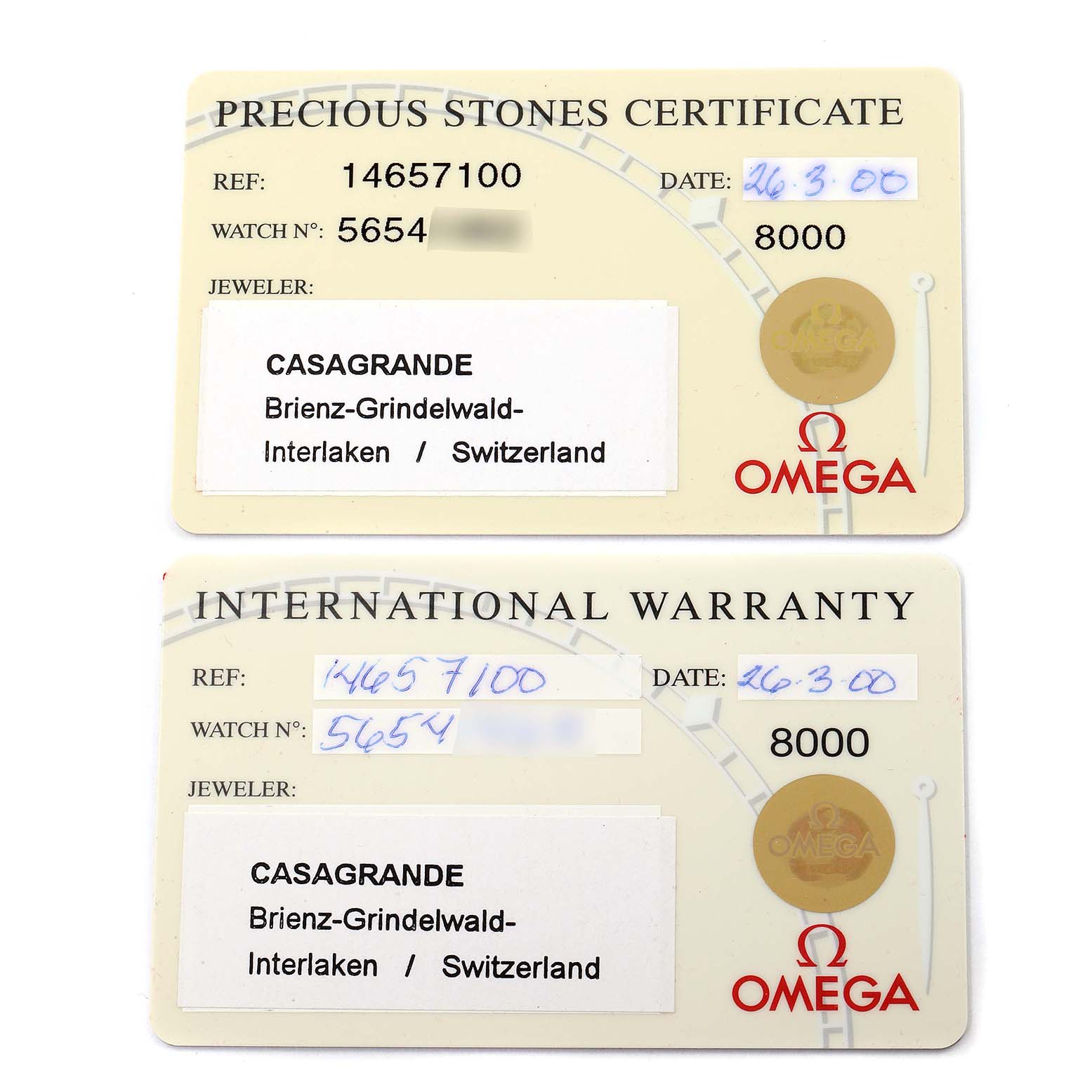 The image shows the Precious Stones Certificate and International Warranty cards for the Omega 1465.71.00 Women
s Stainless Steel Mother of Pearl Dial 1465.71.00 Women
s Stainless Steel Mother of Pearl Dial Constellation My Choice Diamond Steel Ladies Watch model 1465.71.00.