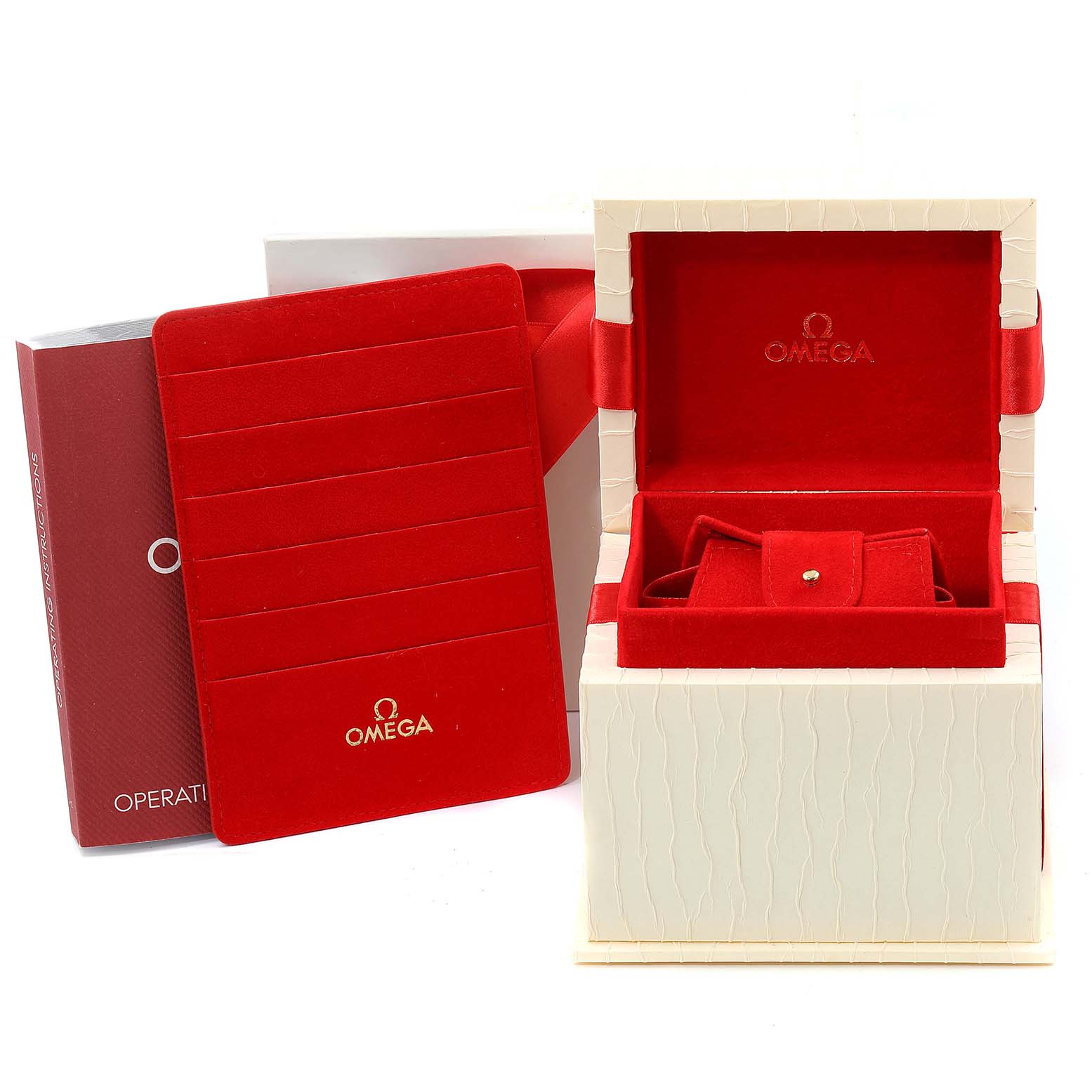 The image shows the Omega 1365.71.00 Women
s Steel and Gold (two tone) Mother of Pearl Dial 1365.71.00 Women
s Steel and Gold (two tone) Mother of Pearl Dial Constellation Steel Rose Gold Diamond Mini Ladies Watch 1365.71.00 packaging with a red interior, user manual, and cardholder.